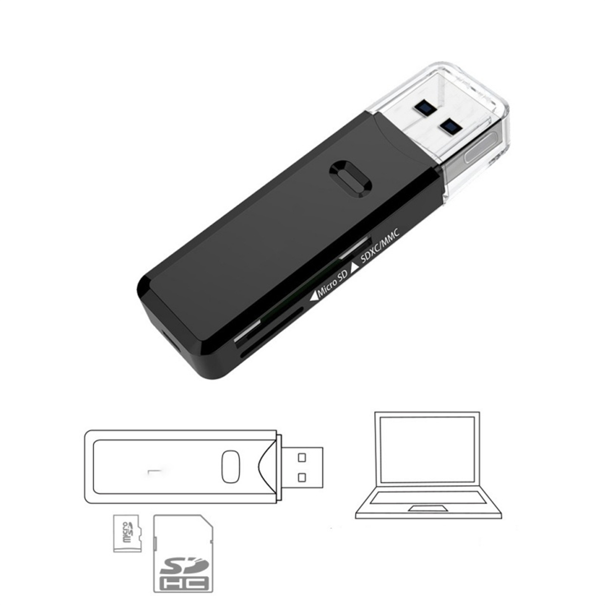 Schwarzes und silbernes USB-Kartenlesegerät mit Micro-SD- und SD-Karten-Symbolen und einem Laptop.