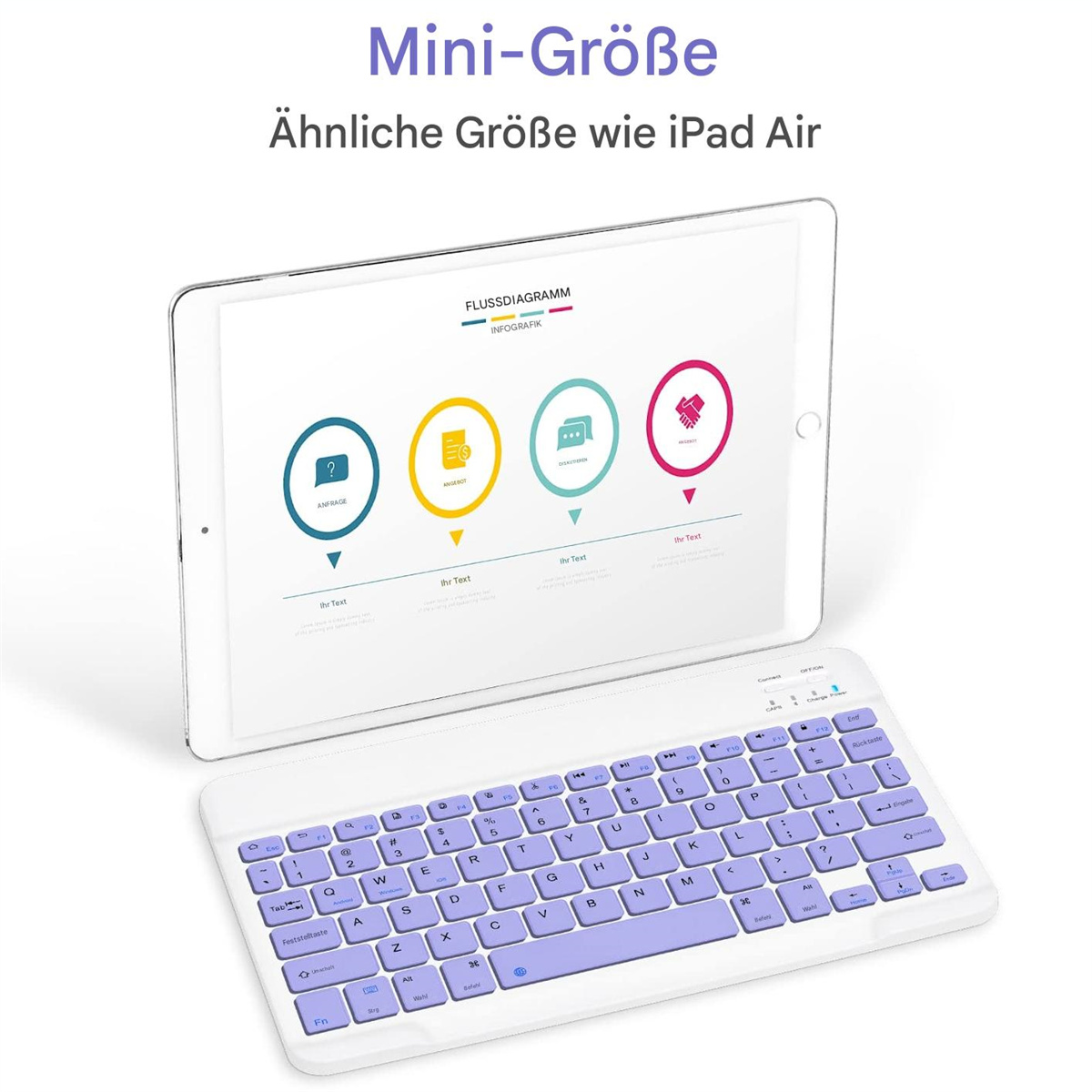 Weißes Tablet mit Tastatur. Tastatur weiß mit lila Tasten. Weißer Hintergrund.