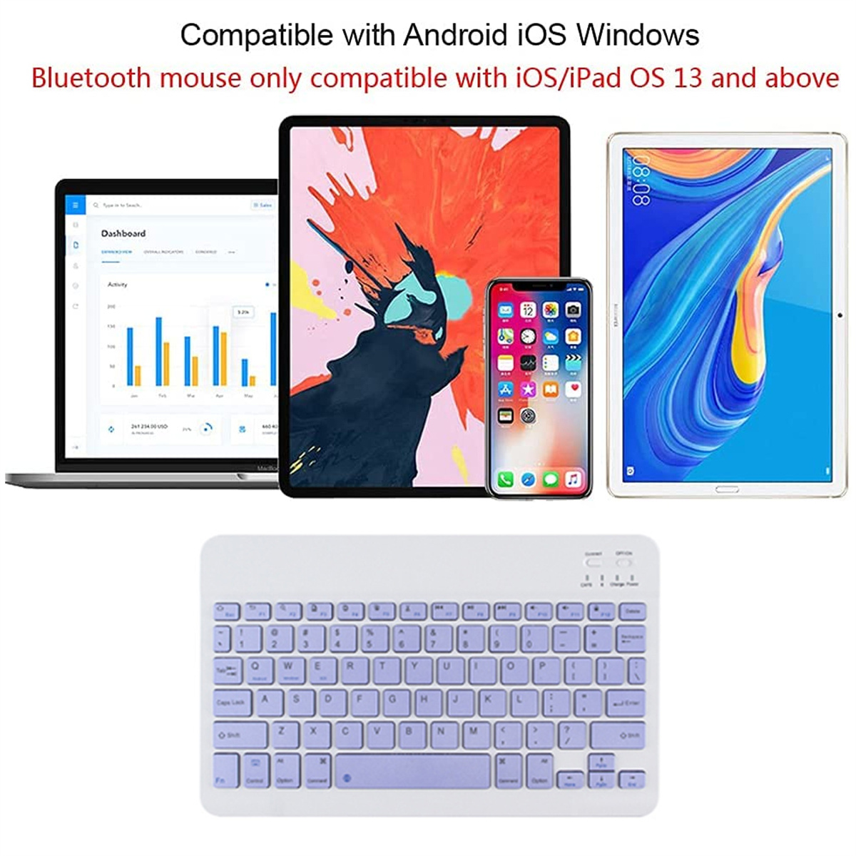 Tastatur mit Tablet und Telefon. Kompatibel mit Android, iOS und Windows.