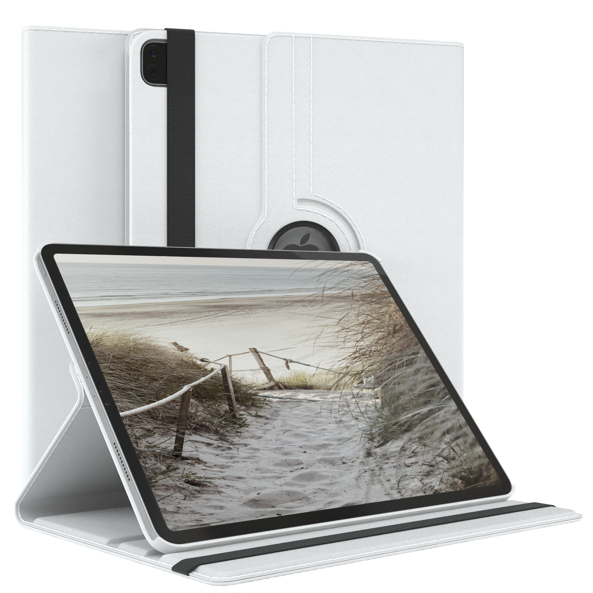 Weiße Tablet-Hülle, zeigt eine Strandszene auf dem Bildschirm. Weißer Hintergrund.