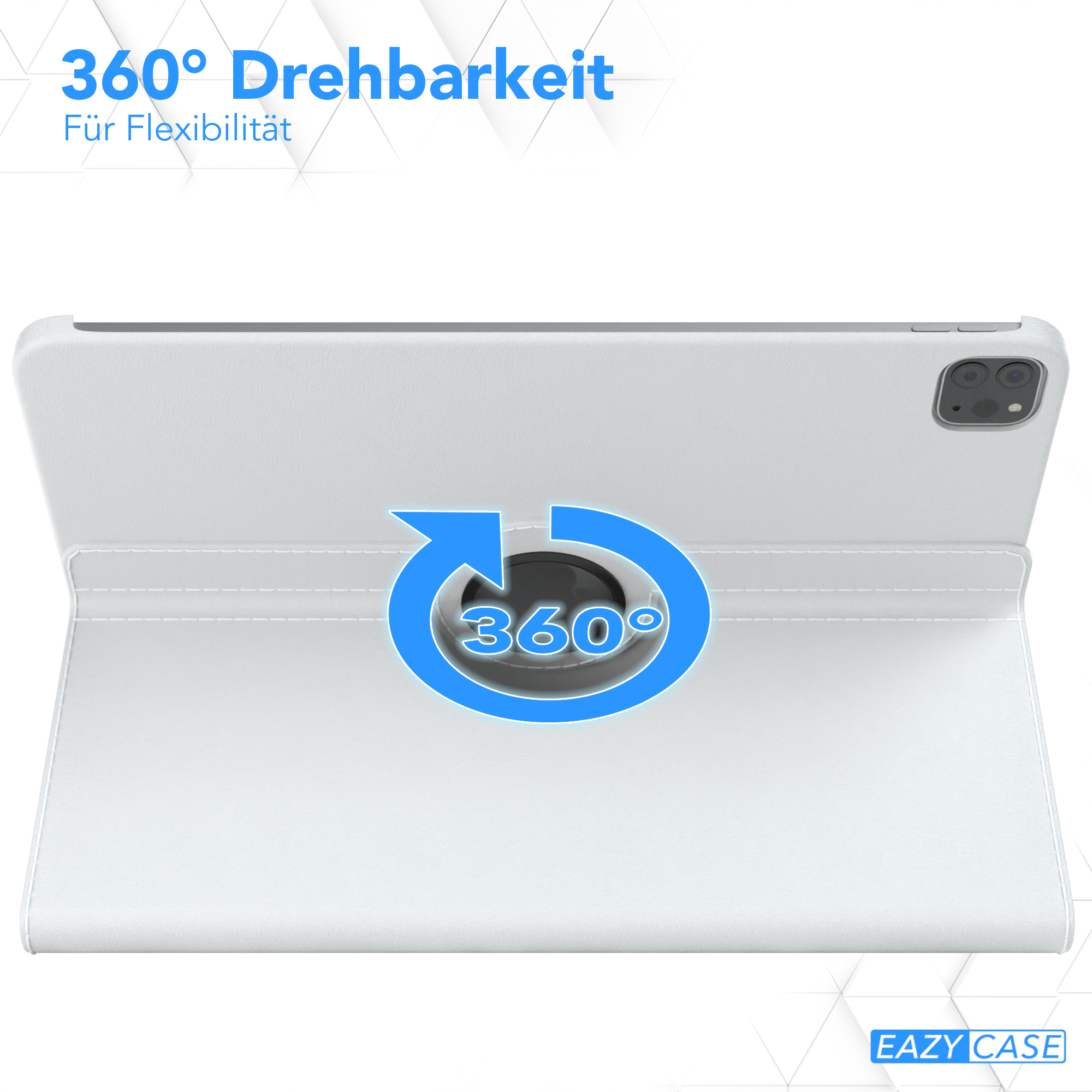 Weiße Tablethülle mit 360-Grad-Drehfunktion. Die Hülle ist offen und zeigt den Drehmechanismus.