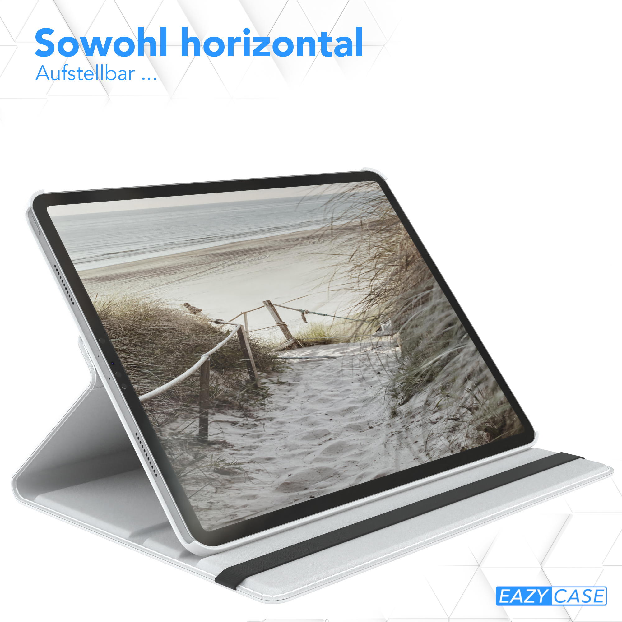 Tablet in weißem Gehäuse. Bildschirm zeigt Strand. Gehäuse ist offen und angewinkelt.