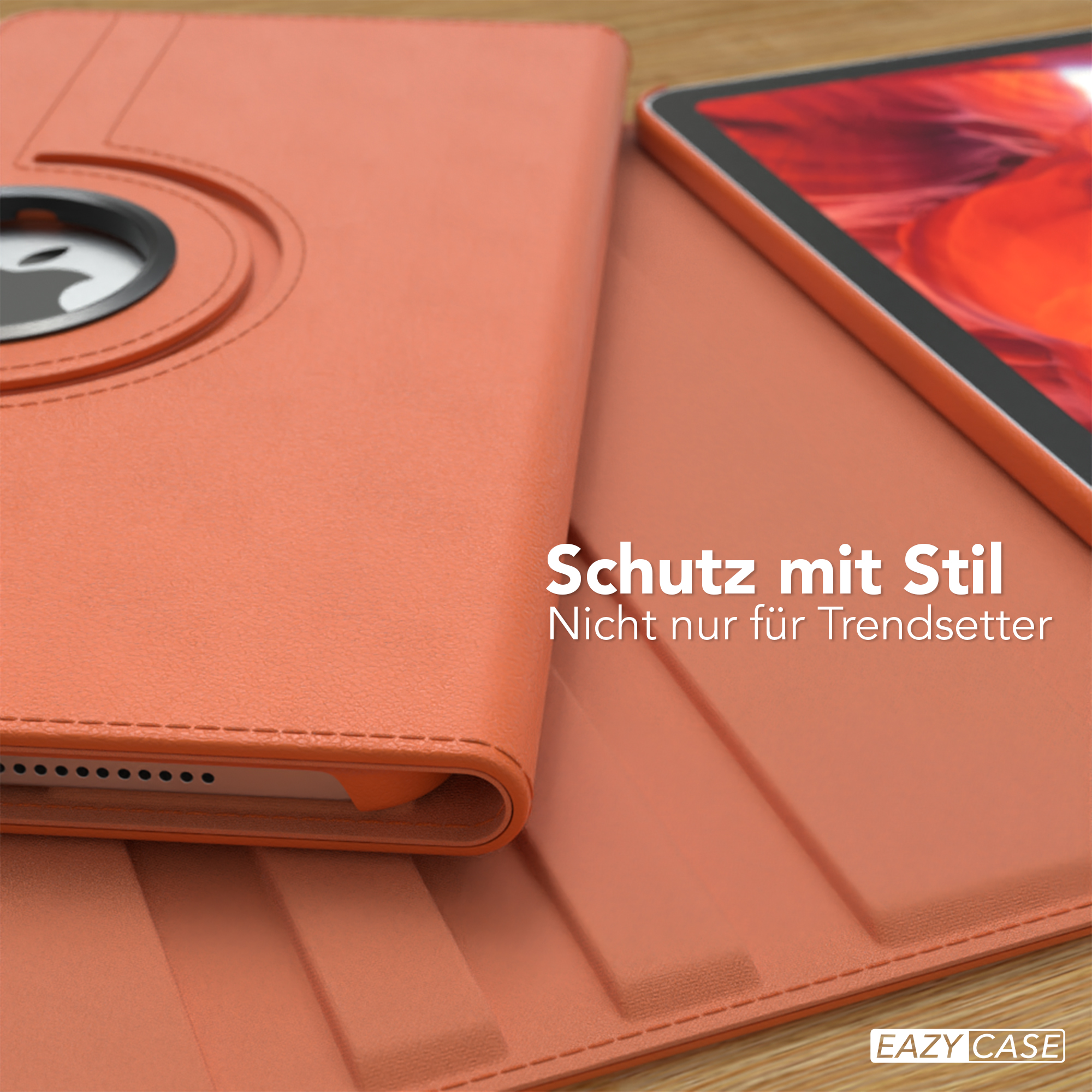 Orangene Tablethülle mit offenem Tablet. Text: "Schutz mit Stil".