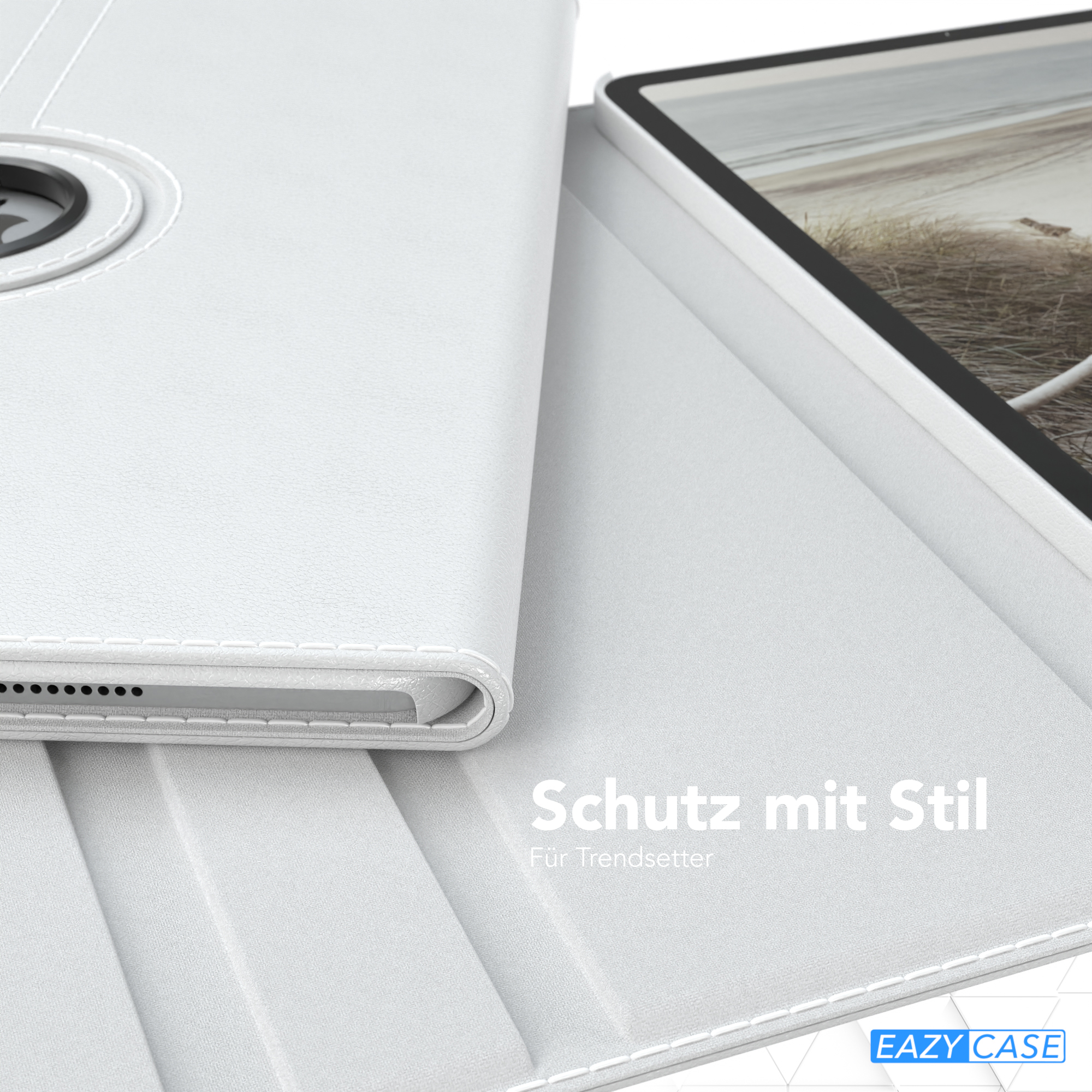 Weiße Tablethülle mit offenem Tablet. Text lautet 'Schutz mit Stil'.