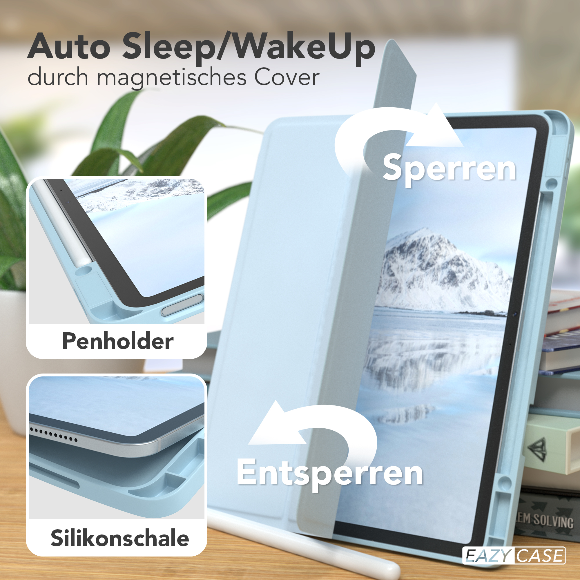 Hellblaue Tablethülle mit Stifthalter und Magnetverschluss, mit Öffnungs-/Schließrichtung.
