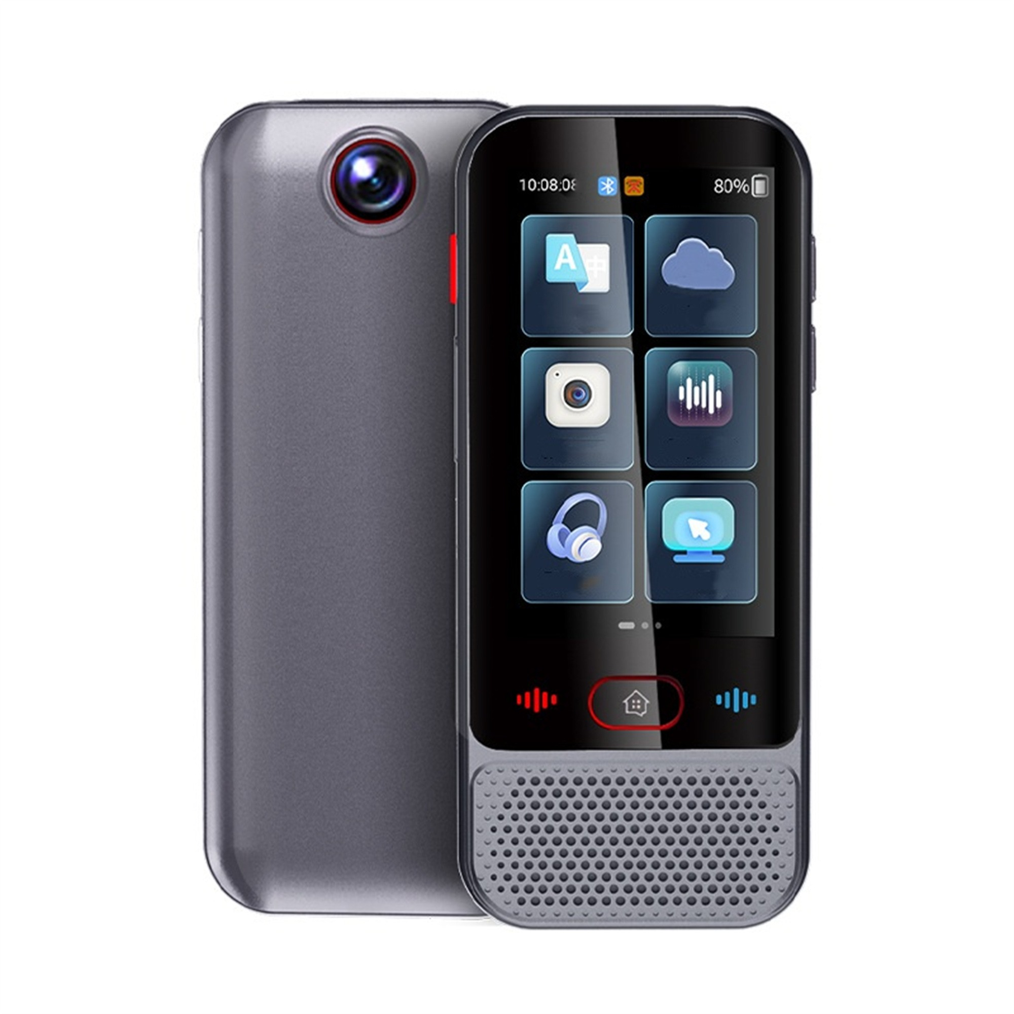 Grauer Übersetzer mit Kamera hinten, Bildschirm mit Symbolen und Home-Button. Weißer Hintergrund.