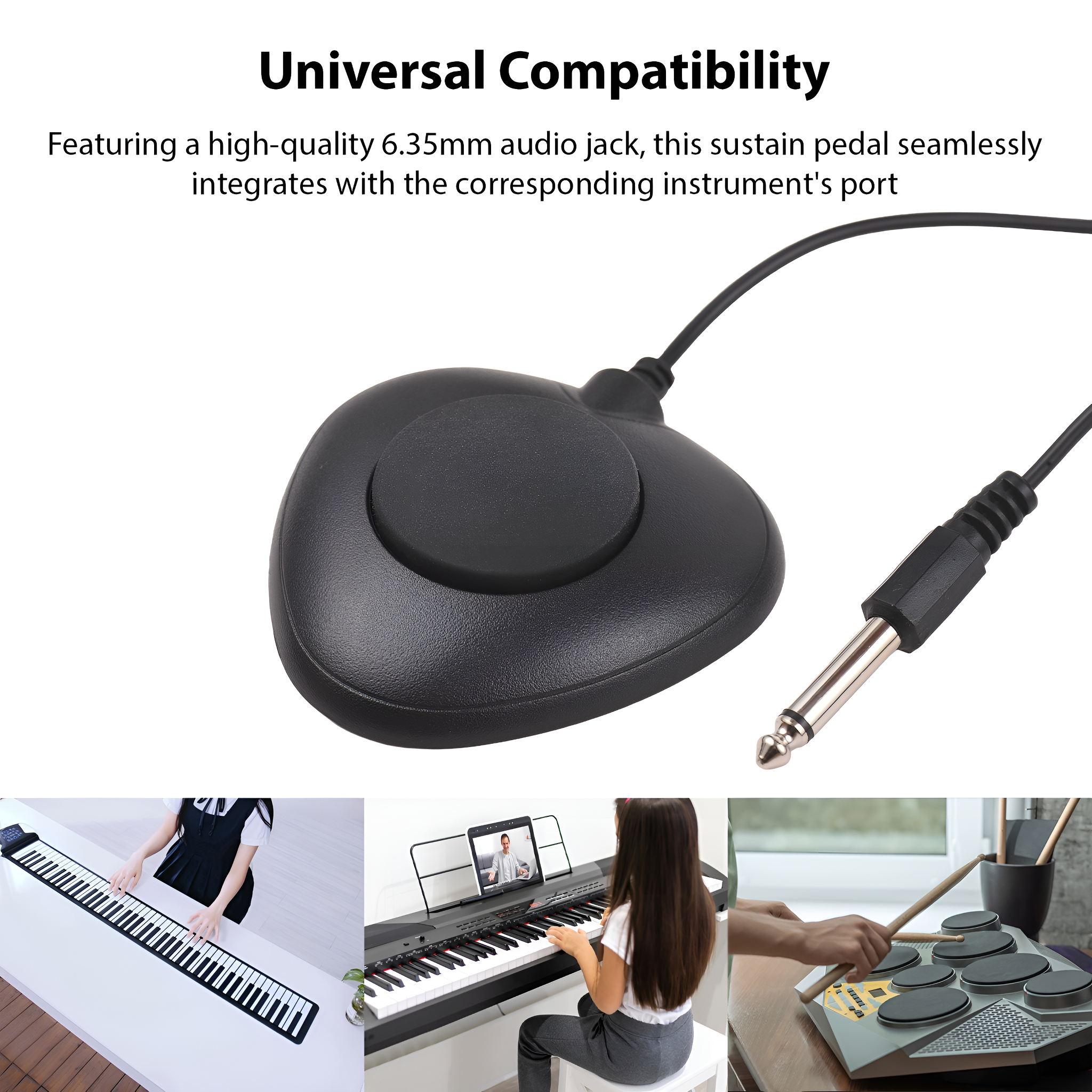 Ein schwarzes Sustain-Pedal mit 6,35-mm-Audioanschluss, darunter Bilder von Keyboards.