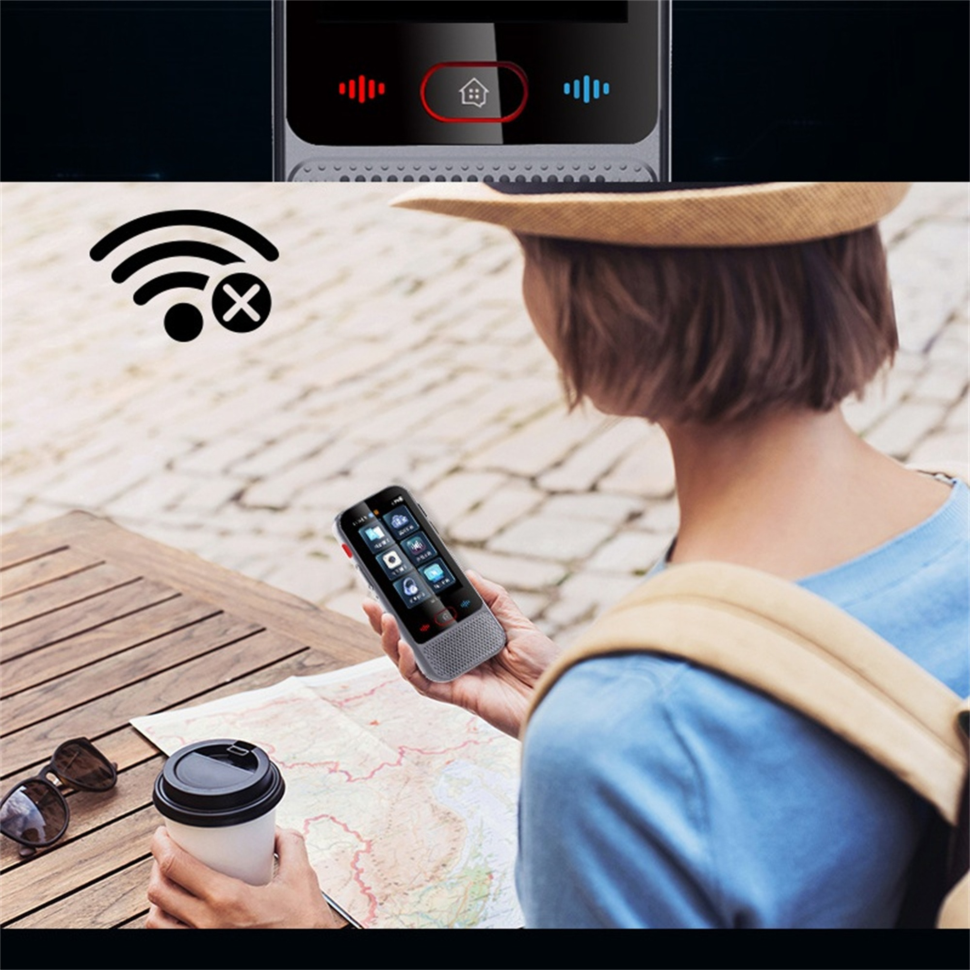 Frau, die ein kleines Gerät hält, mit einer Karte und einer Kaffeetasse. Das WLAN-Symbol ist durchgestrichen.