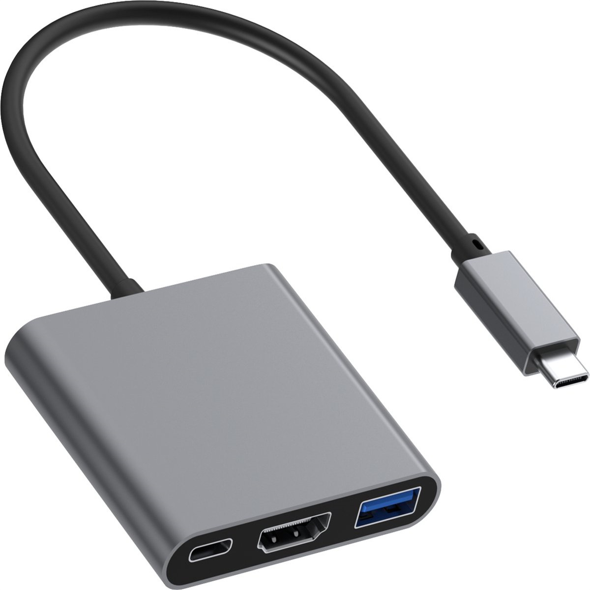 Grauer Adapter mit USB-C- und HDMI-Anschlüssen und einem USB-C-Kabel.
