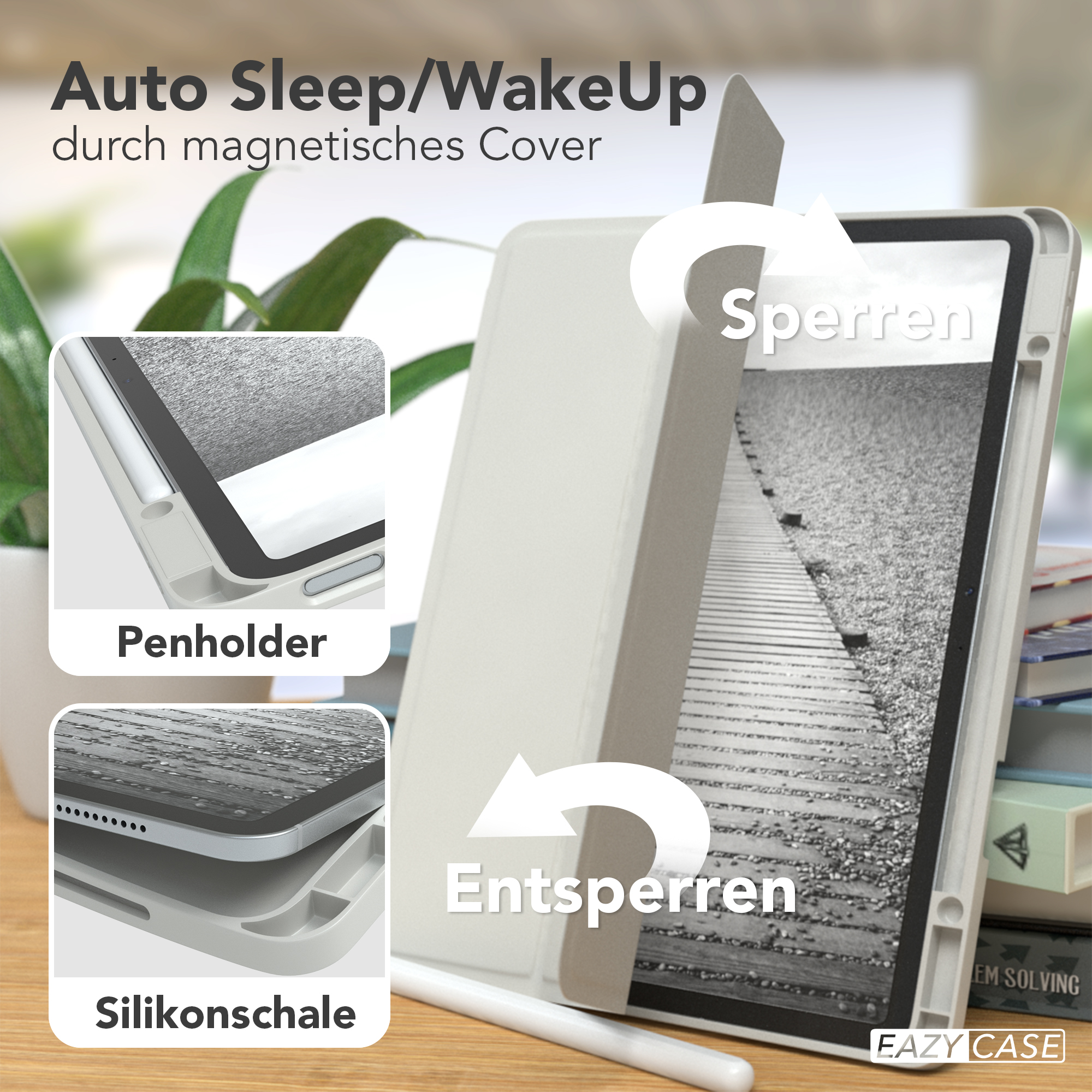 Tablet-Hülle mit offenem Deckel, der den Bildschirm zeigt. Nahaufnahmen zeigen Stifthalter, Silikonhülle und Magnetabdeckung.