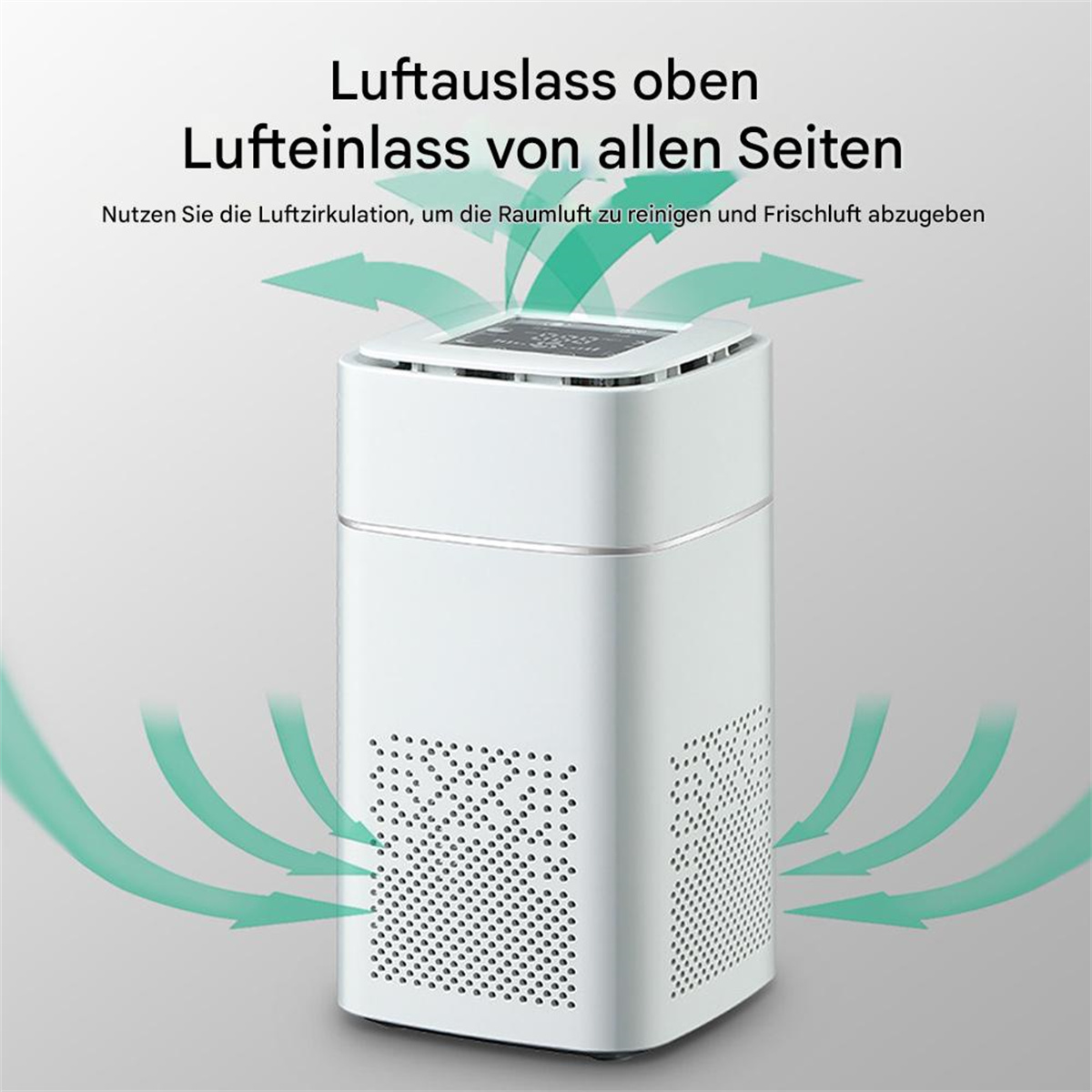 Weißer Luftreiniger mit Pfeilen, die den Luftstrom anzeigen, auf weißem Hintergrund. Text auf Deutsch.