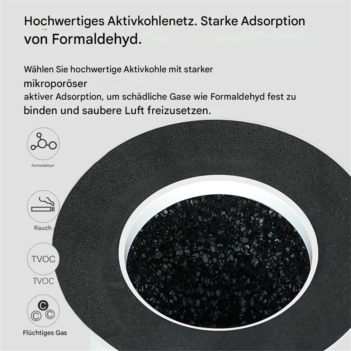 Ein schwarzer Filter mit Text zur Formaldehydabsorption und Rauch.