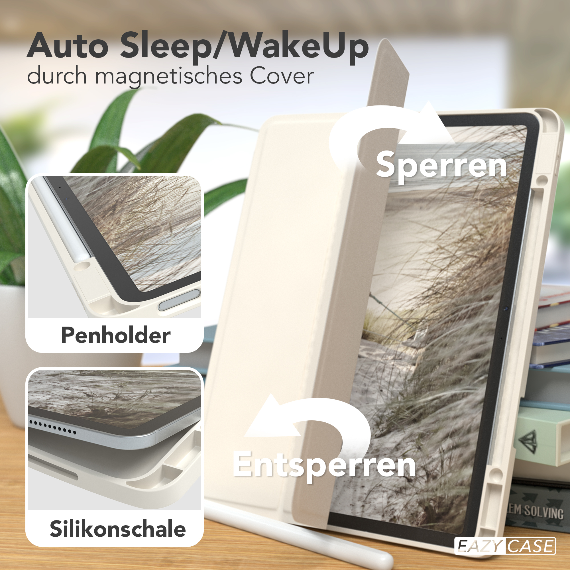 Cremefarbene Tablethülle mit Stift, zeigt 'Verriegeln' und 'Entsperren' Funktionen.