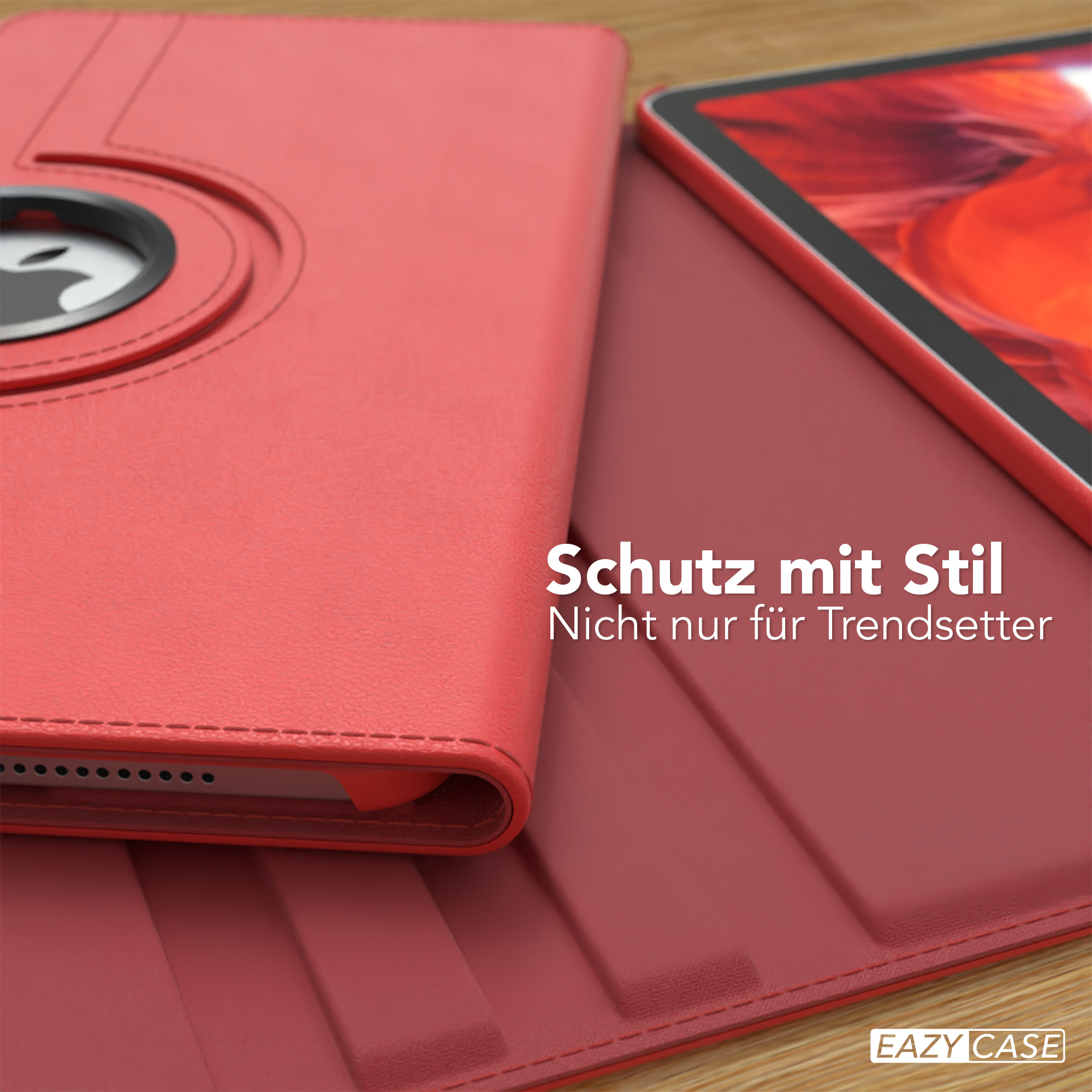 Rote Leder-Tablettasche, offen. Rotes Tablet im Inneren. Weißer Hintergrund.