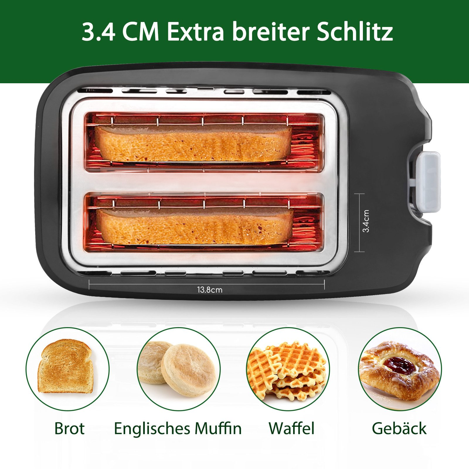 Schwarzer Toaster mit zwei Schlitzen und Brotscheiben, einem Muffin, Waffel und Gebäck.