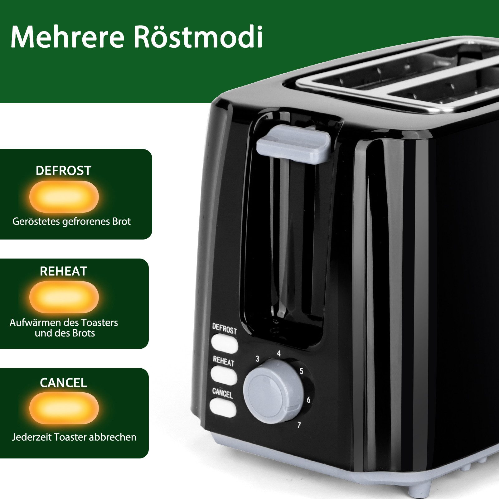 Ein schwarzer Toaster mit drei beleuchteten Tasten: Auftauen, Aufwärmen und Abbrechen. Ein Drehregler passt den Bräunungsgrad an.