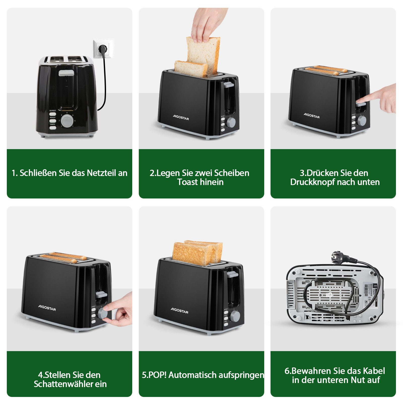 Sechs-teiliges Bild zeigt einen schwarzen Toaster mit Schritten: Einstecken, Brot rein, drücken, Einstellungen.