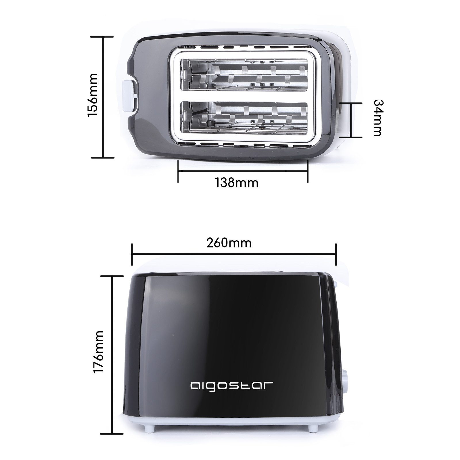 Schwarz-weißer Toaster mit Maßen. Der Markenname Aigostar ist sichtbar.