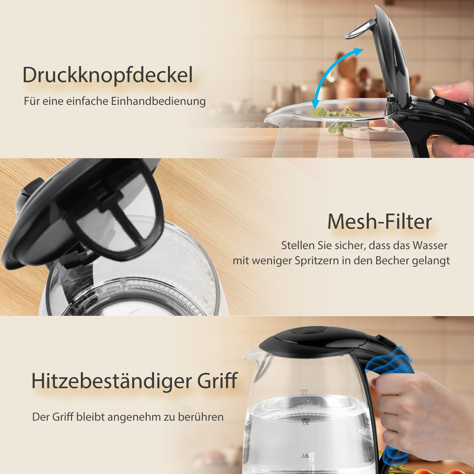 Ein elektrischer Glaswasserkocher mit schwarzem Griff, Deckel und Netzfilter. Wasser drin.