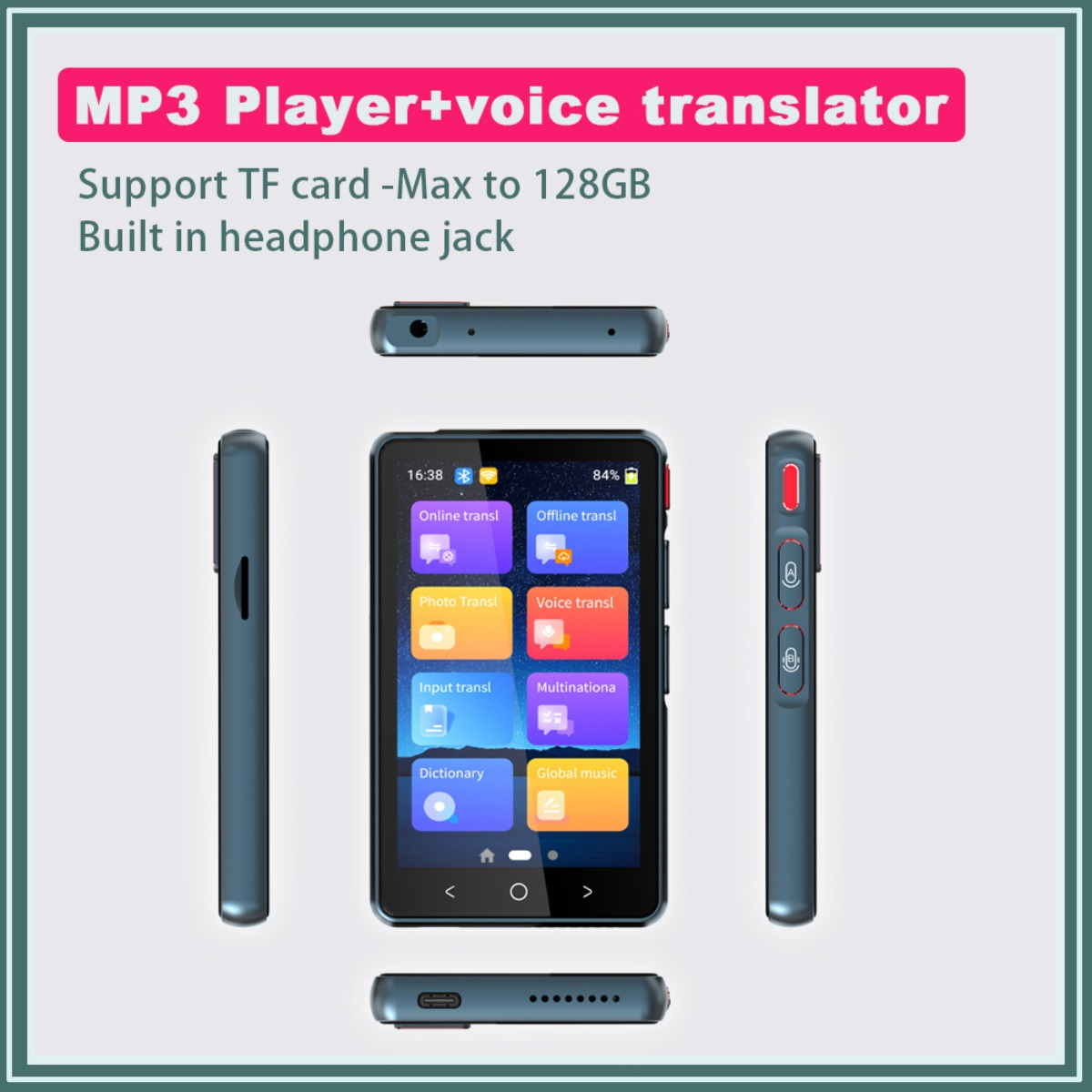 Mehrere Ansichten eines MP3-Players mit Bildschirm und Knöpfen.