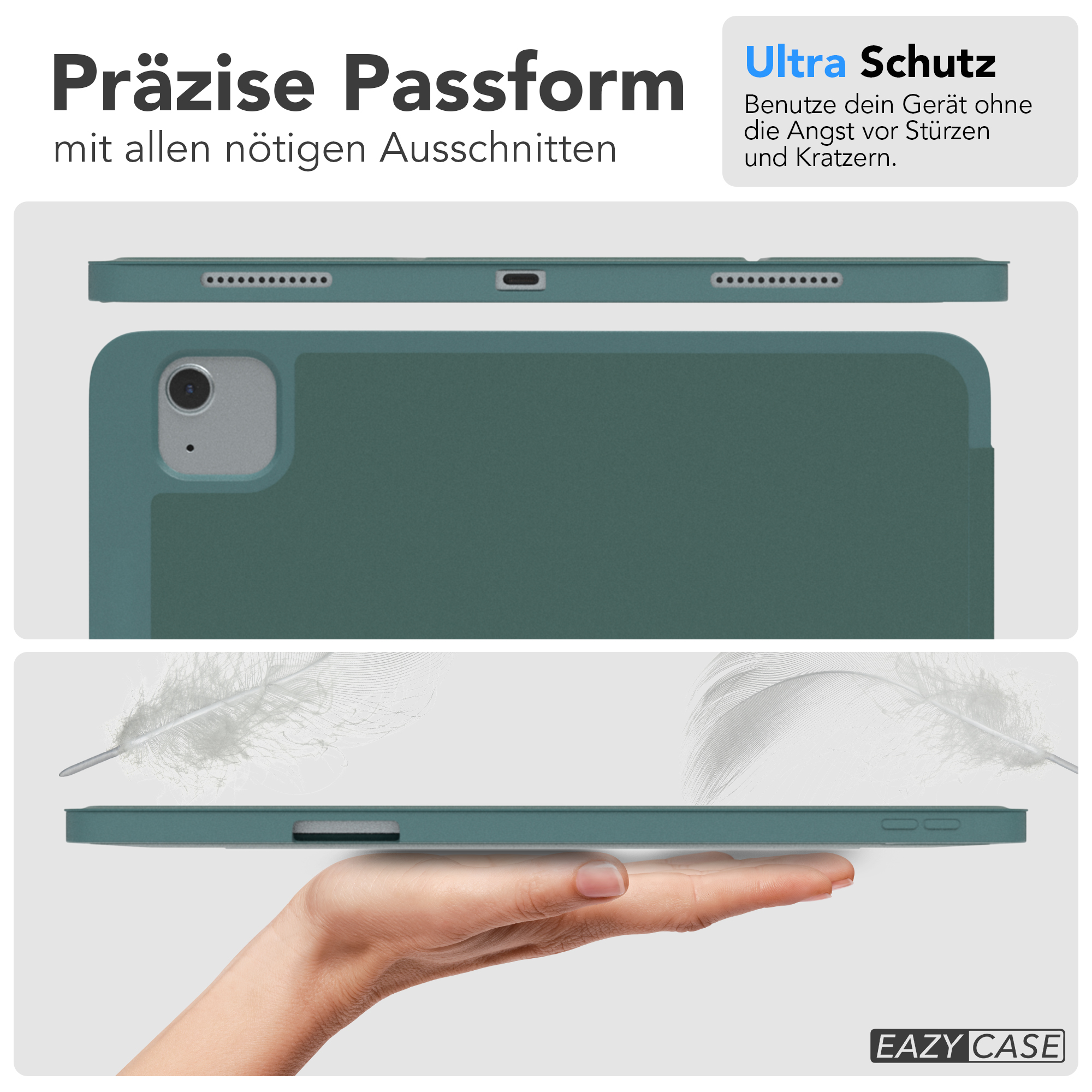 Grüne Tablethülle mit Text und Hand, die sie hält, zeigt präzise Passform und Schutz.