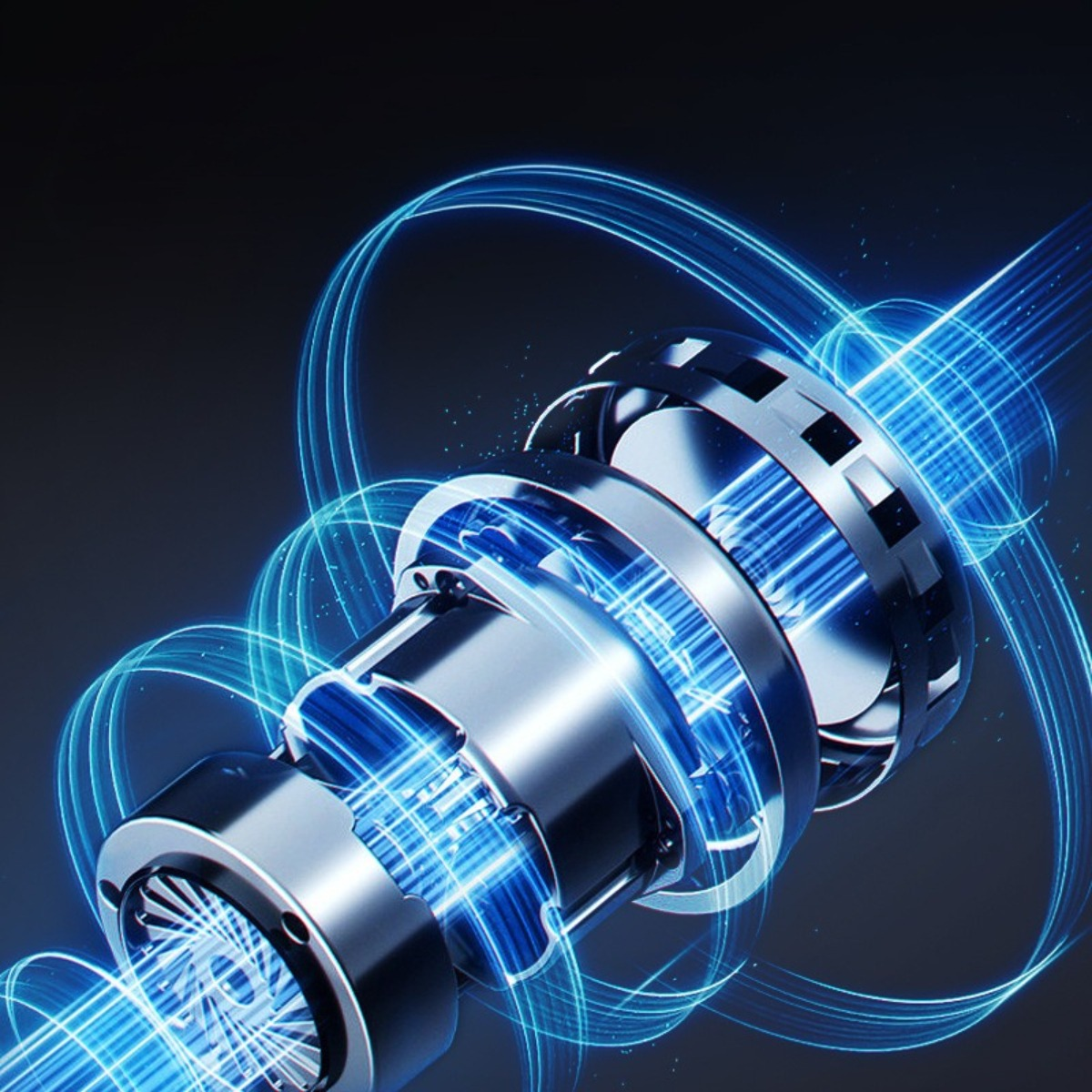 Nahaufnahme eines mechanischen Teils mit blauen Lichtspuren, die seine Merkmale hervorheben.