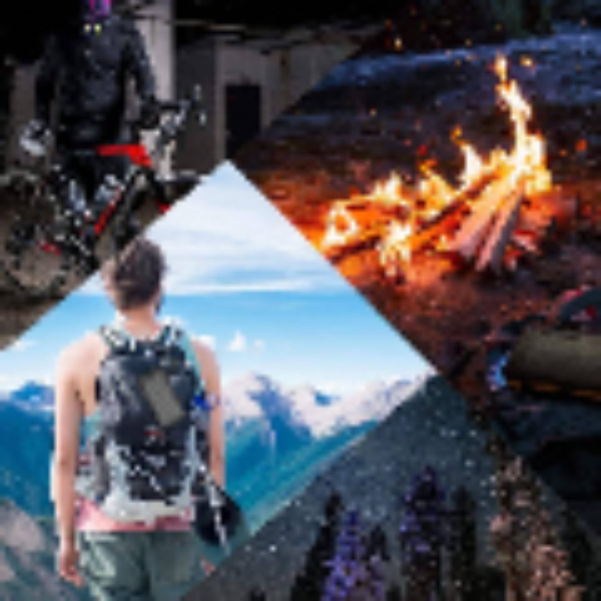 Eine Collage mit Outdoor-Aktivitäten: Radfahren, Camping, Wandern und Sterne beobachten.
