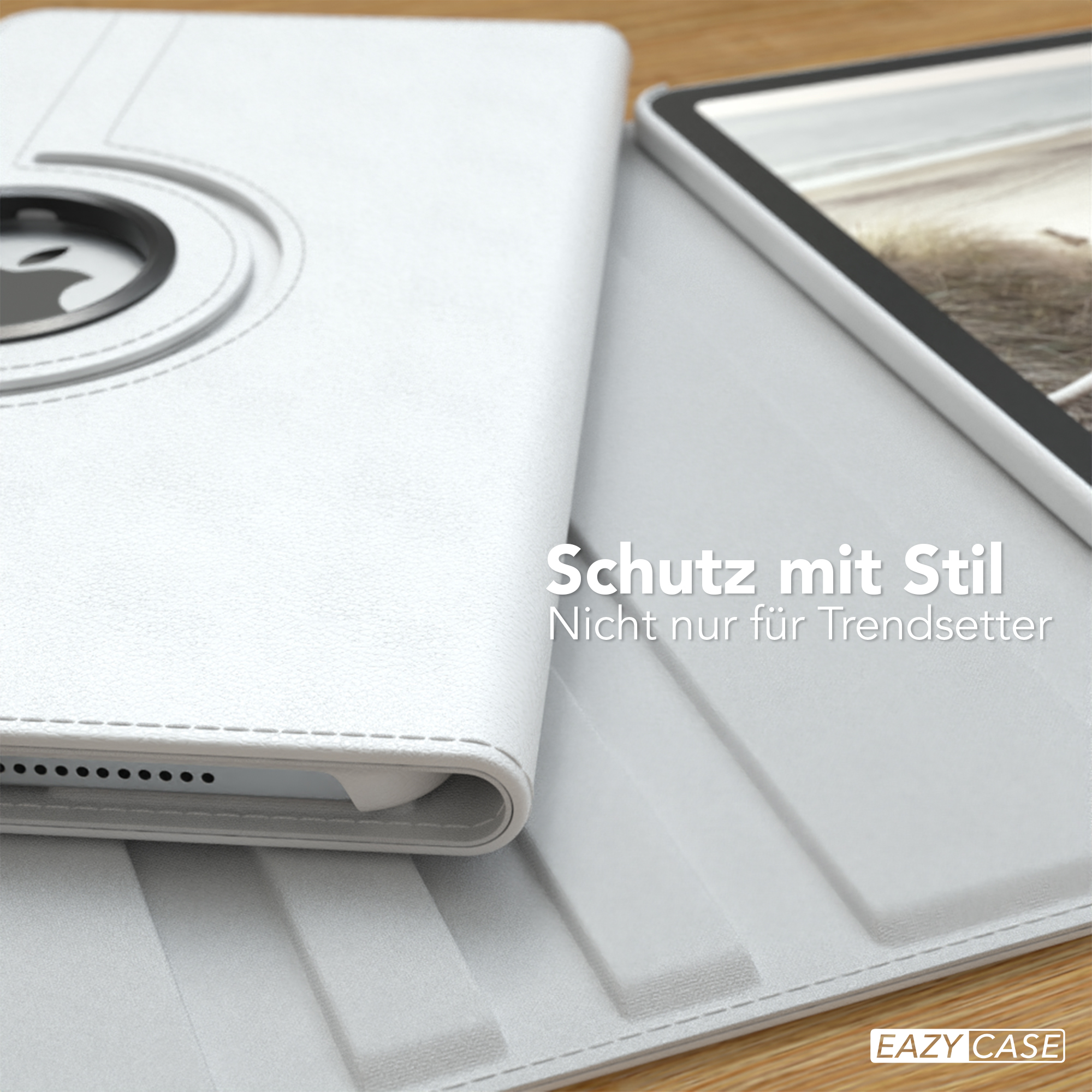Weiße Tablethülle geöffnet, mit sichtbar Tablet. Der Text im Bild lautet 'Schutz mit Stil'.