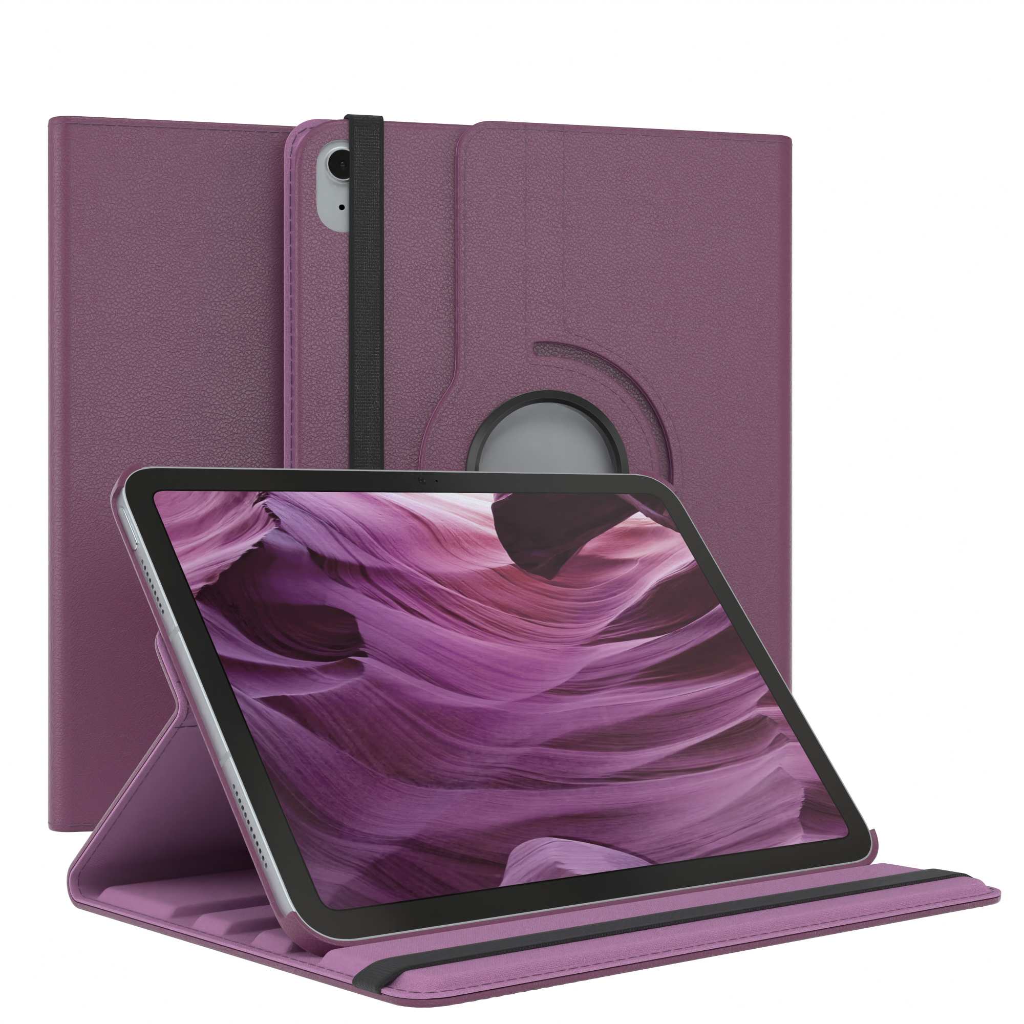 Eine lila Tablethülle mit einem Tablet darin, das eine rosa und lila Landschaft zeigt. Geöffnet und geschlossen.