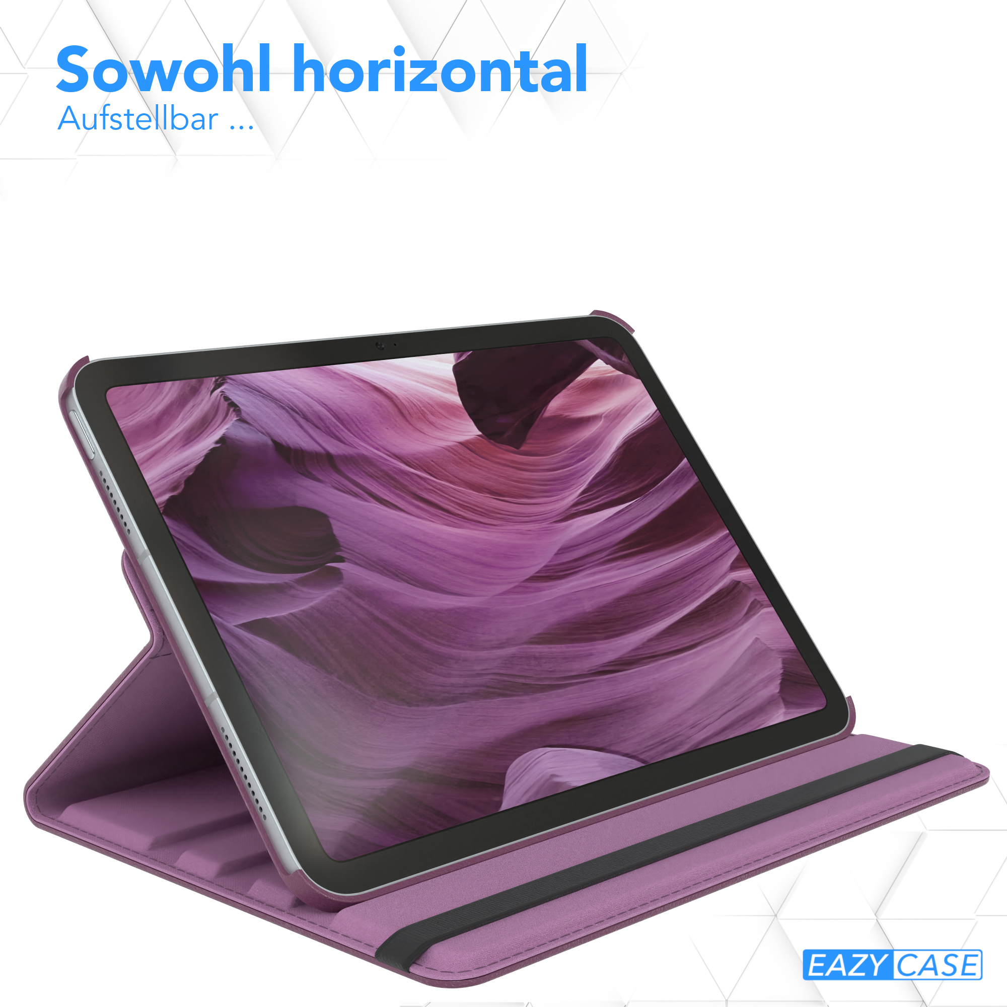 Ein lila Tablet in einer Hülle, die sowohl horizontal als auch vertikal positioniert werden kann.