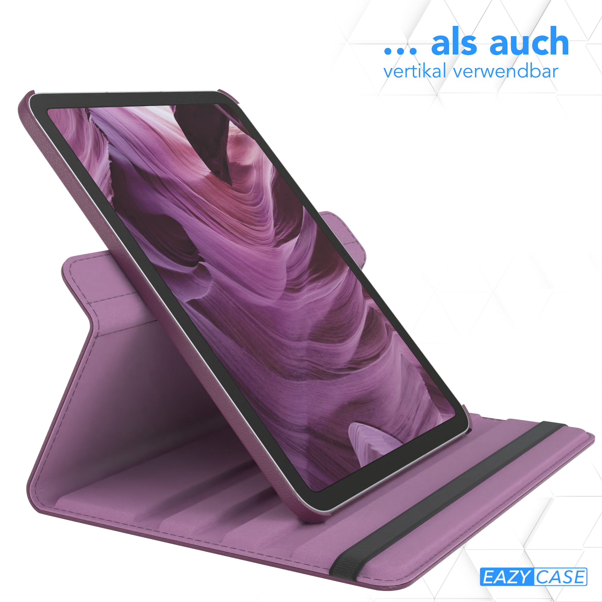 Tablet in lila Hülle, hochgestellt. Der Bildschirm zeigt eine Landschaft.