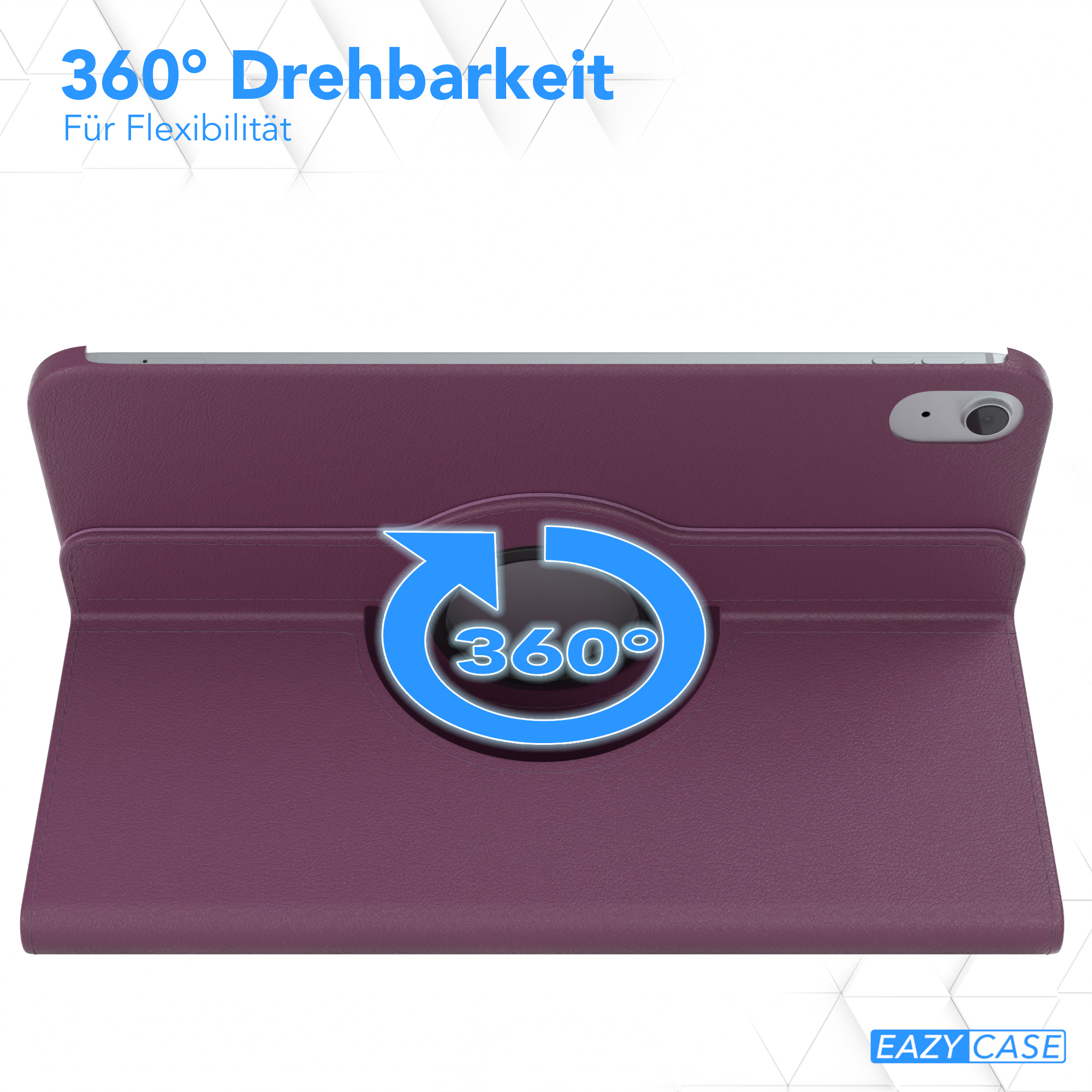 Lila Tablethülle mit 360-Grad-Drehfunktion, blaue Pfeilgrafik.