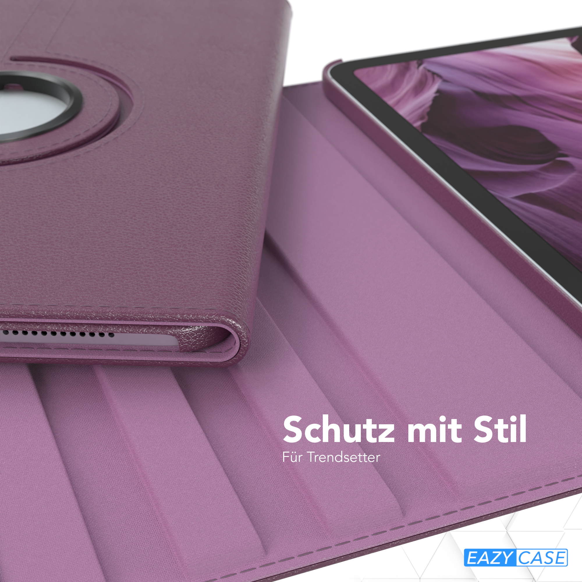 Eine lila Tablethülle mit einem Tablet darin, auf einer strukturierten rosa Oberfläche.