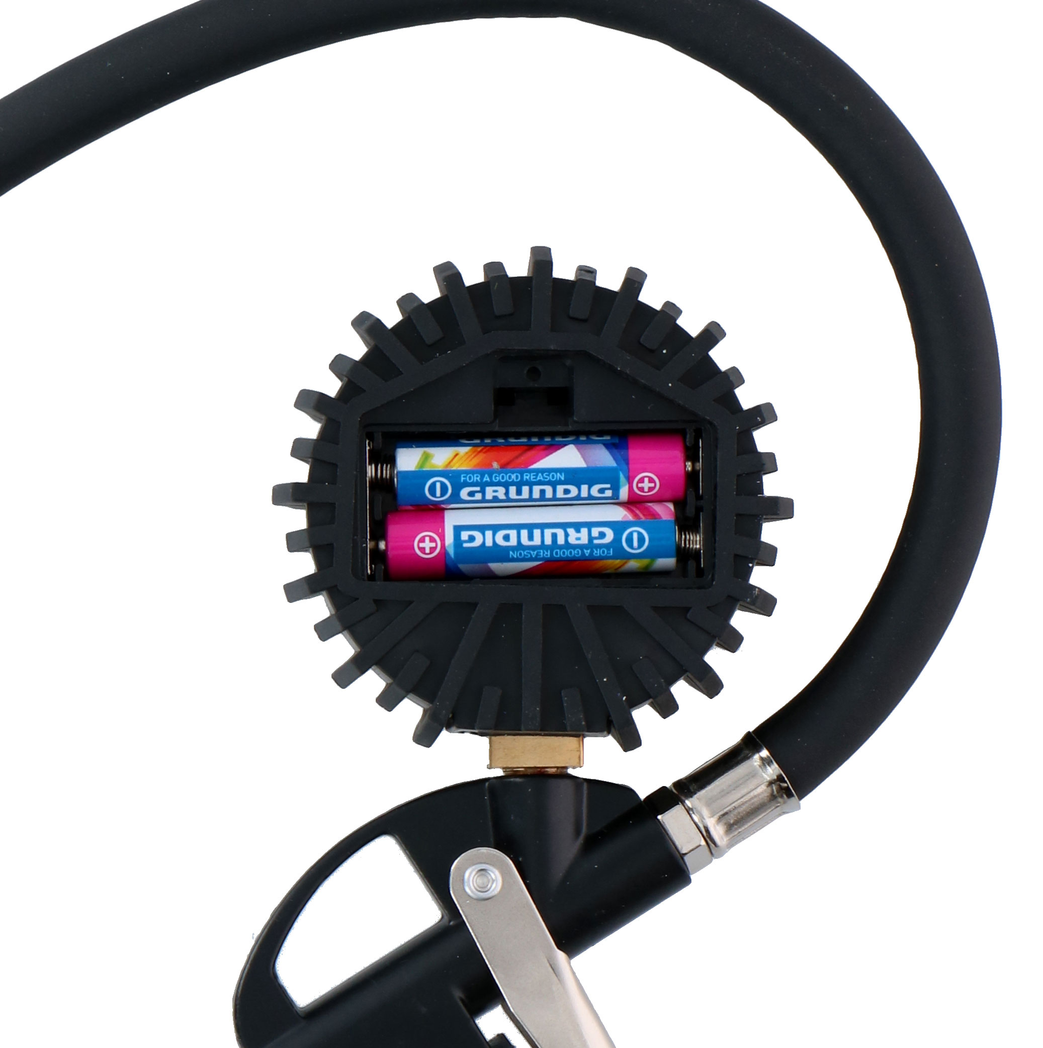 A black tire pressure gauge with a digital display and two batteries. It has a black hose.