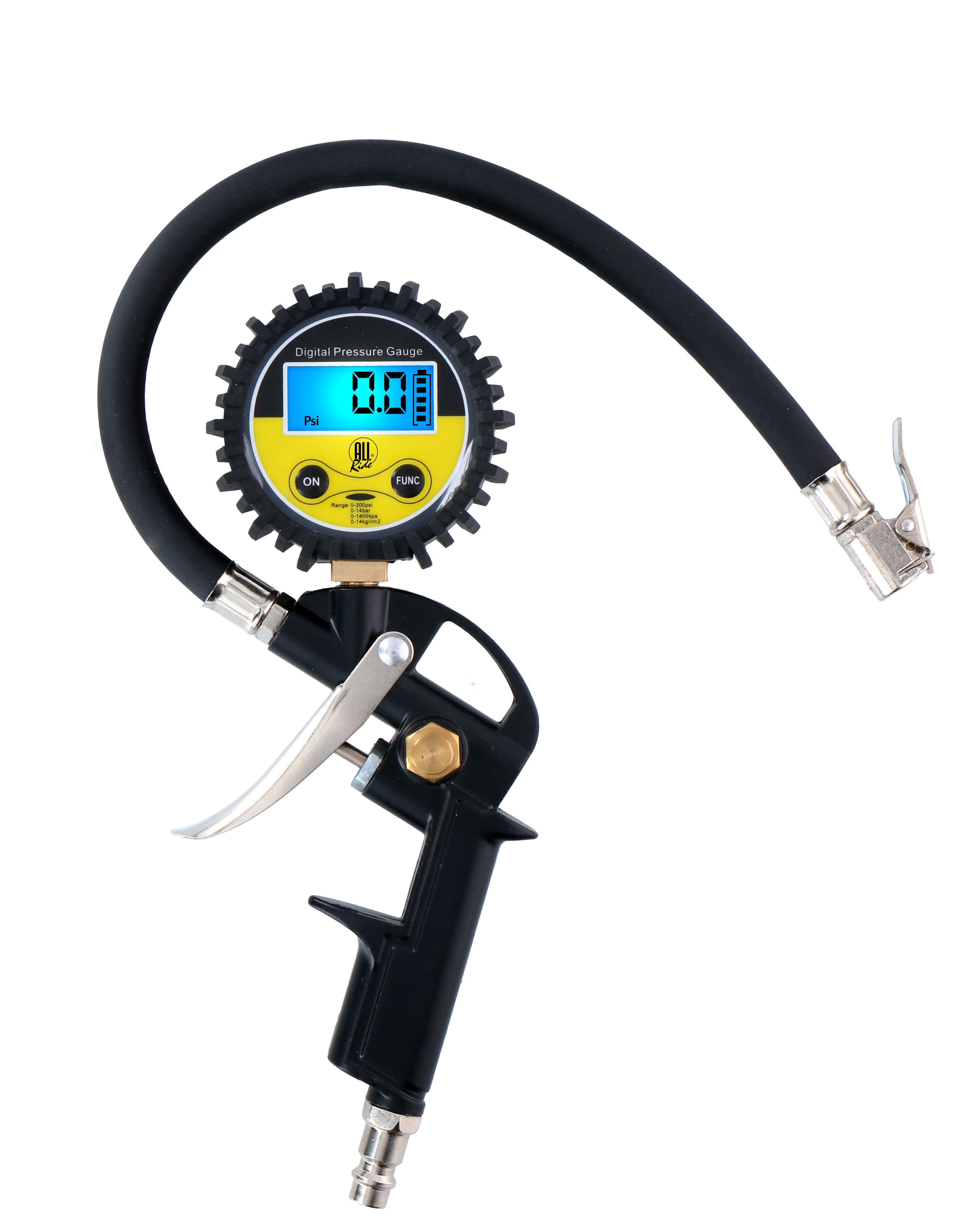Black and yellow digital pressure gauge with an air gun and a black hose.