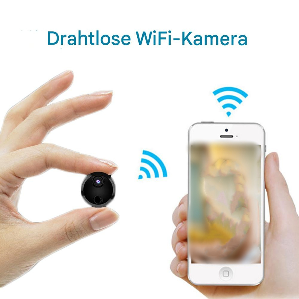 Eine kleine schwarze Kamera, gehalten von einer Hand, mit WLAN-Symbolen und einem Telefon, das den Feed anzeigt.
