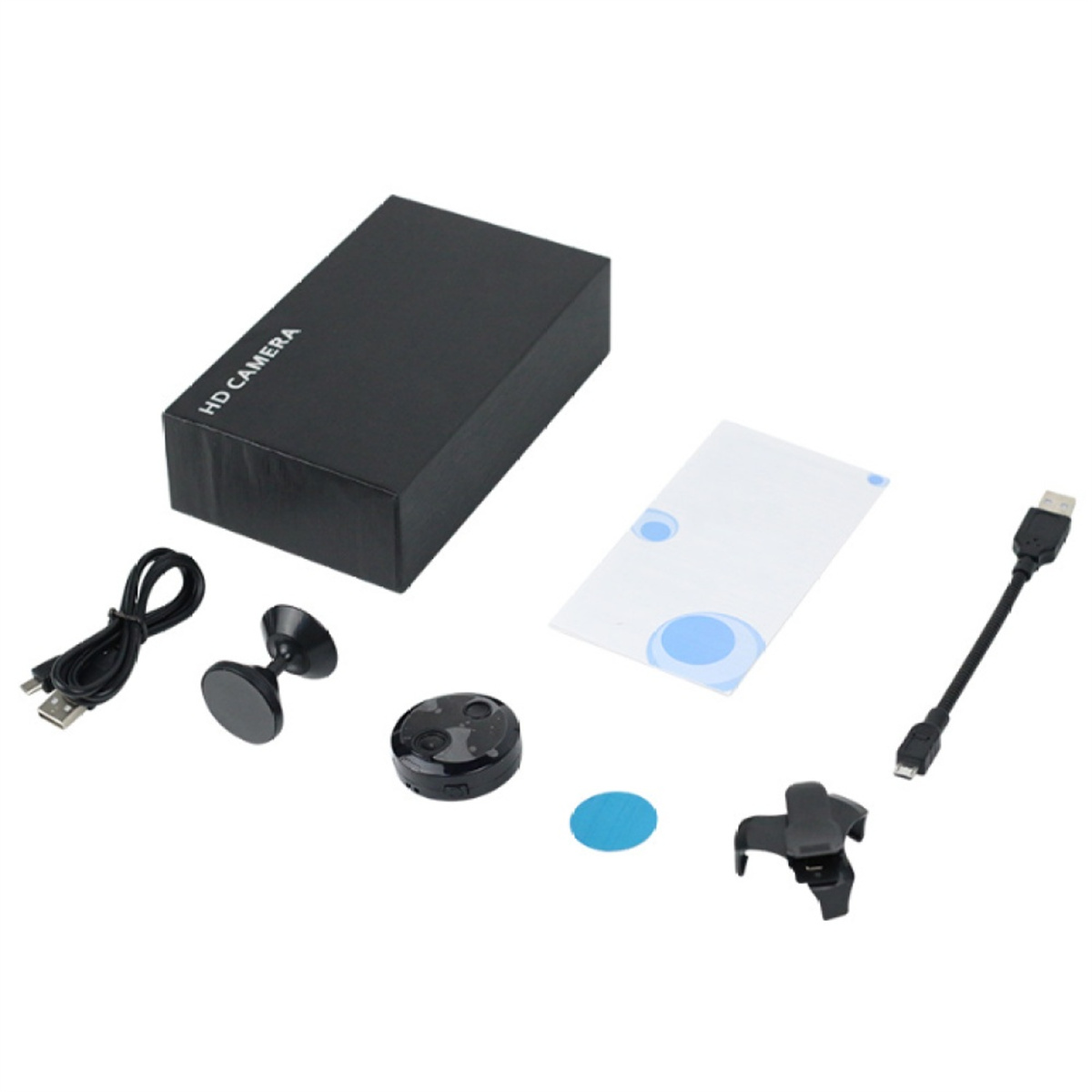 Kamera-Kit ausgelegt. Enthält Kamera, Kabel, Montageteile und Zubehör.