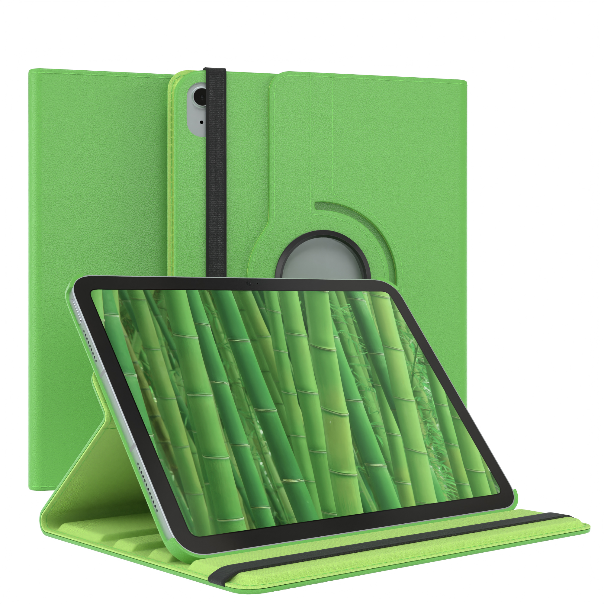 Grünes Tablet in einer grünen Hülle, angewinkelt. Hintergrund zeigt die Hüllenabdeckung. Bambus.