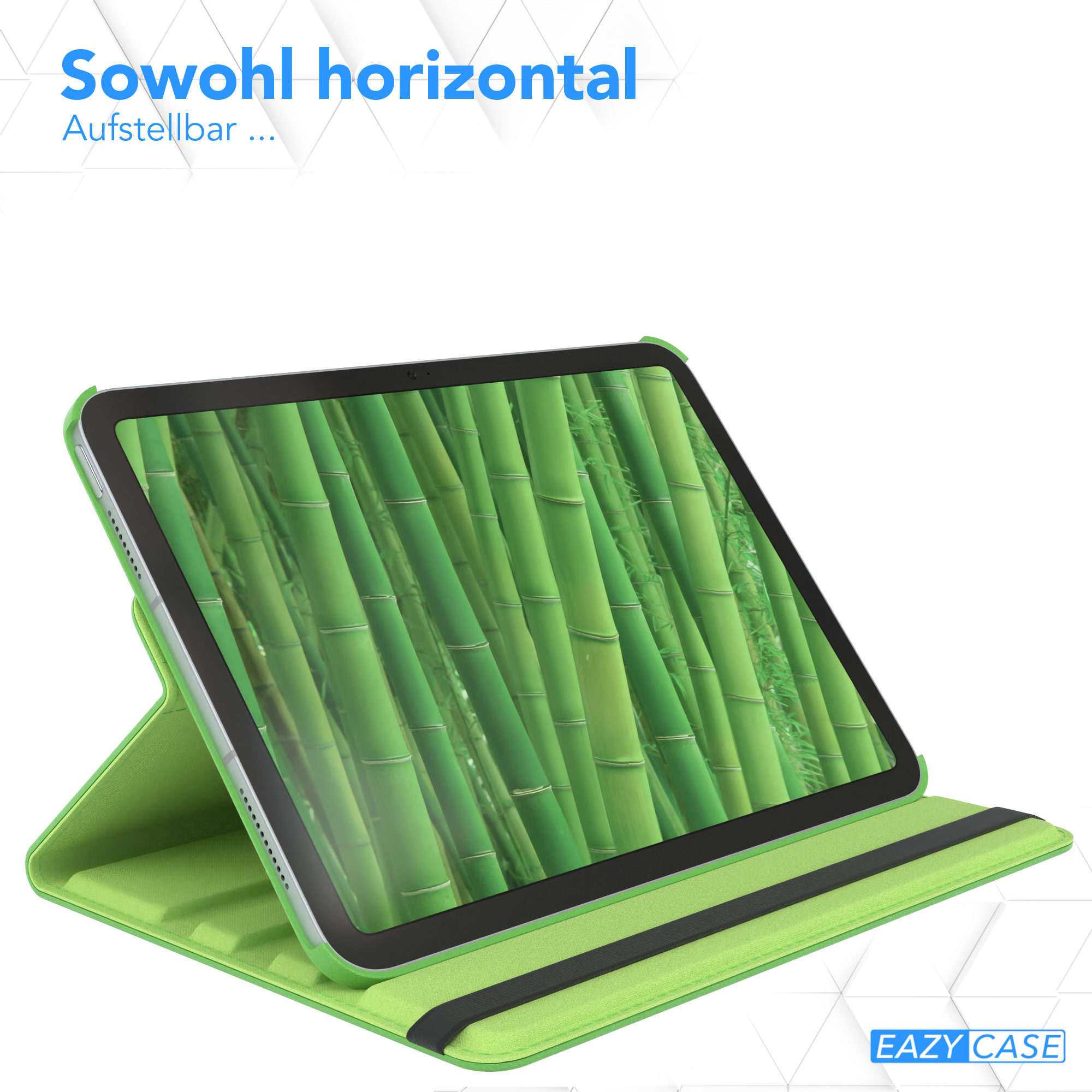 Ein Tablet in einer grünen Hülle, aufgestellt. Der Hintergrund zeigt Bambus.