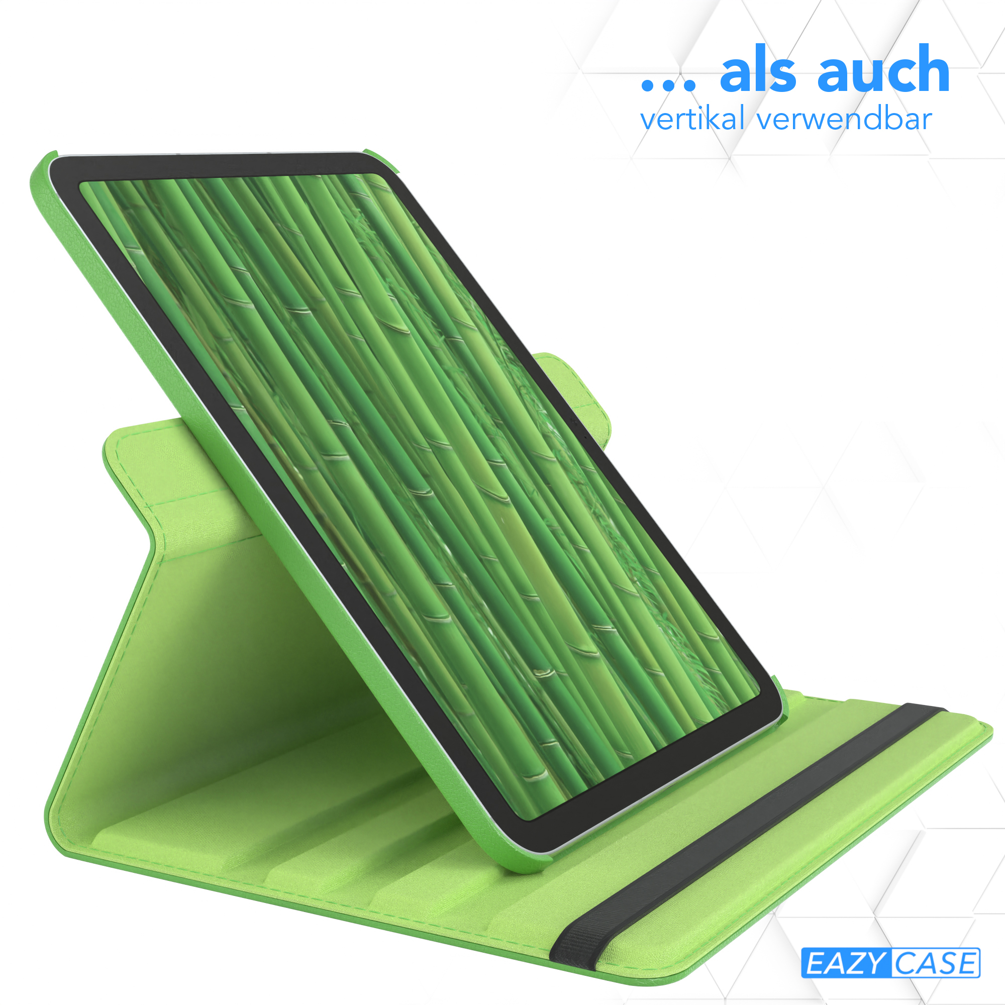Grüne Tablet-Hülle offen, zeigt Bambus-Design-Bildschirm, auf einer Oberfläche platziert.
