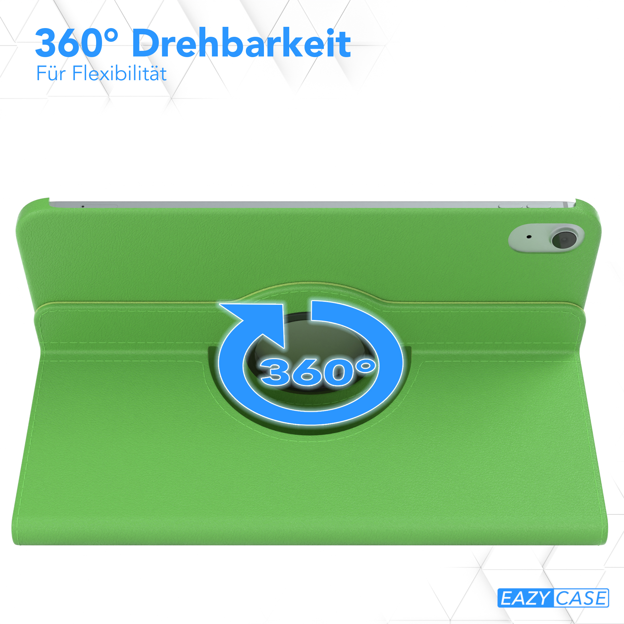 Grüne Tablethülle mit drehbarem Scharnierdesign, zeigt die 360-Grad-Drehfunktion.