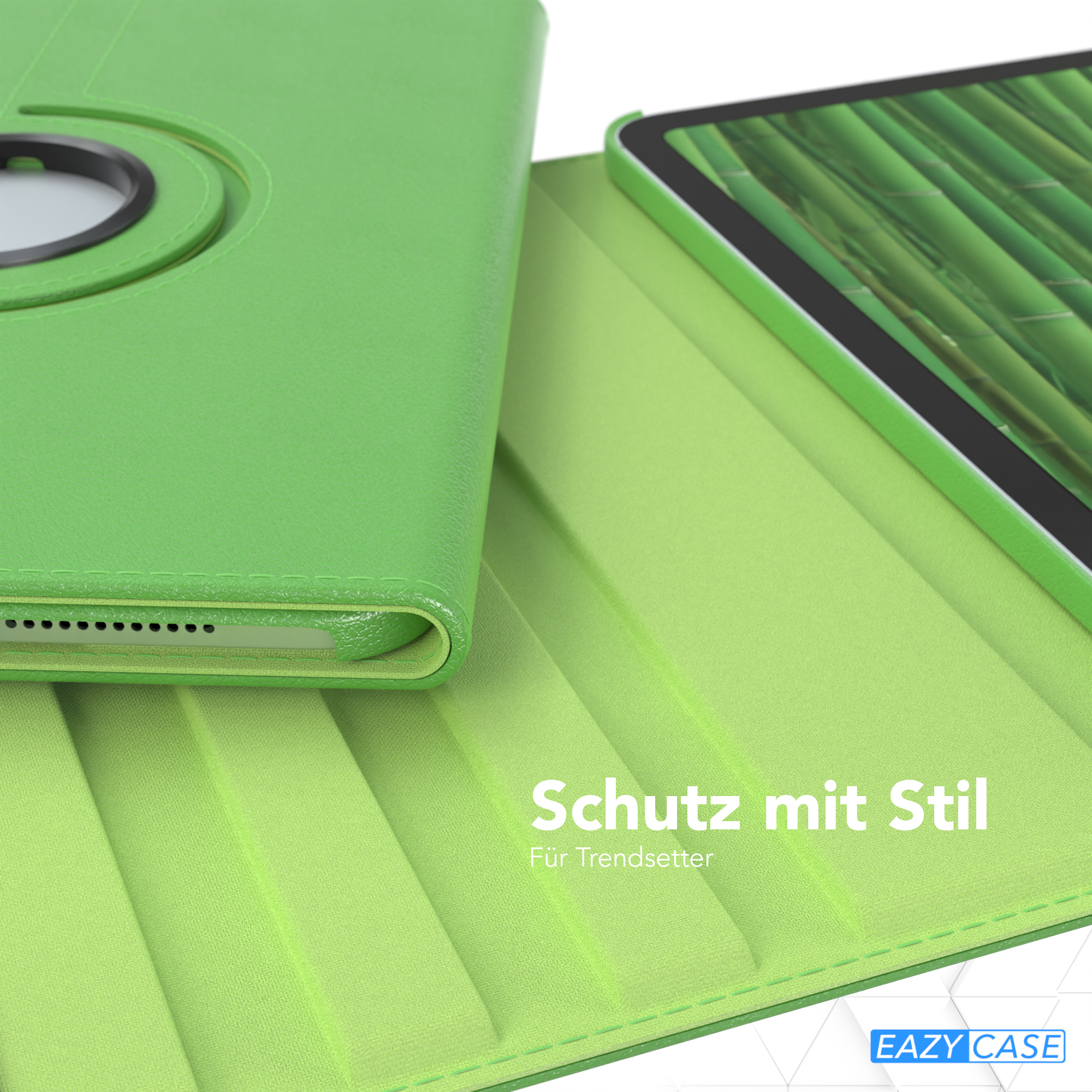 Grüne Tablet-Hülle mit grünem Innenraum. Das Tablet befindet sich rechts und zeigt ein Bambusmuster. Text: 'Schutz mit Stil'.