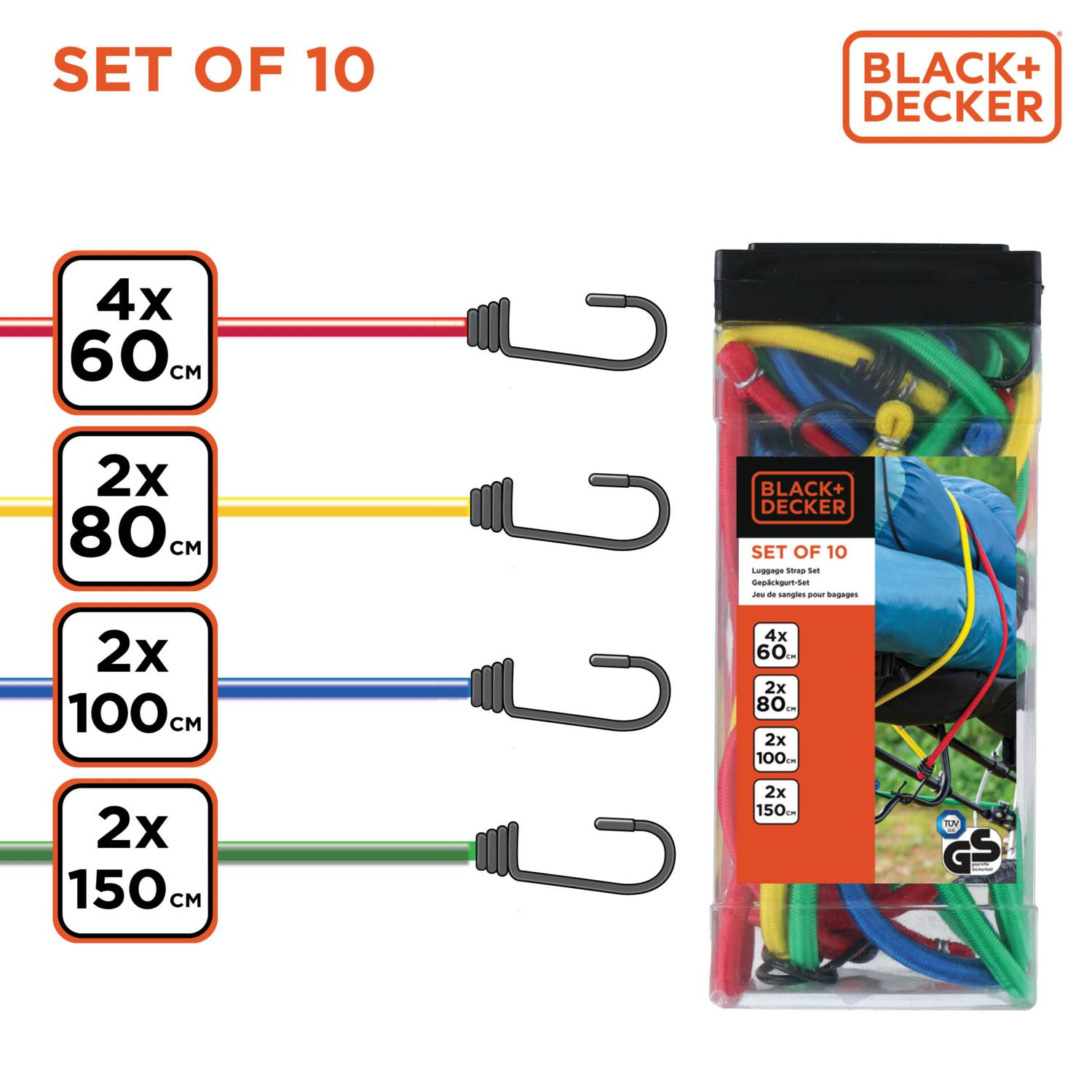 Een set van 10 BLACK+DECKER bungee-koorden, diverse kleuren, met hun lengte aangegeven. Verpakt in een transparante doos.