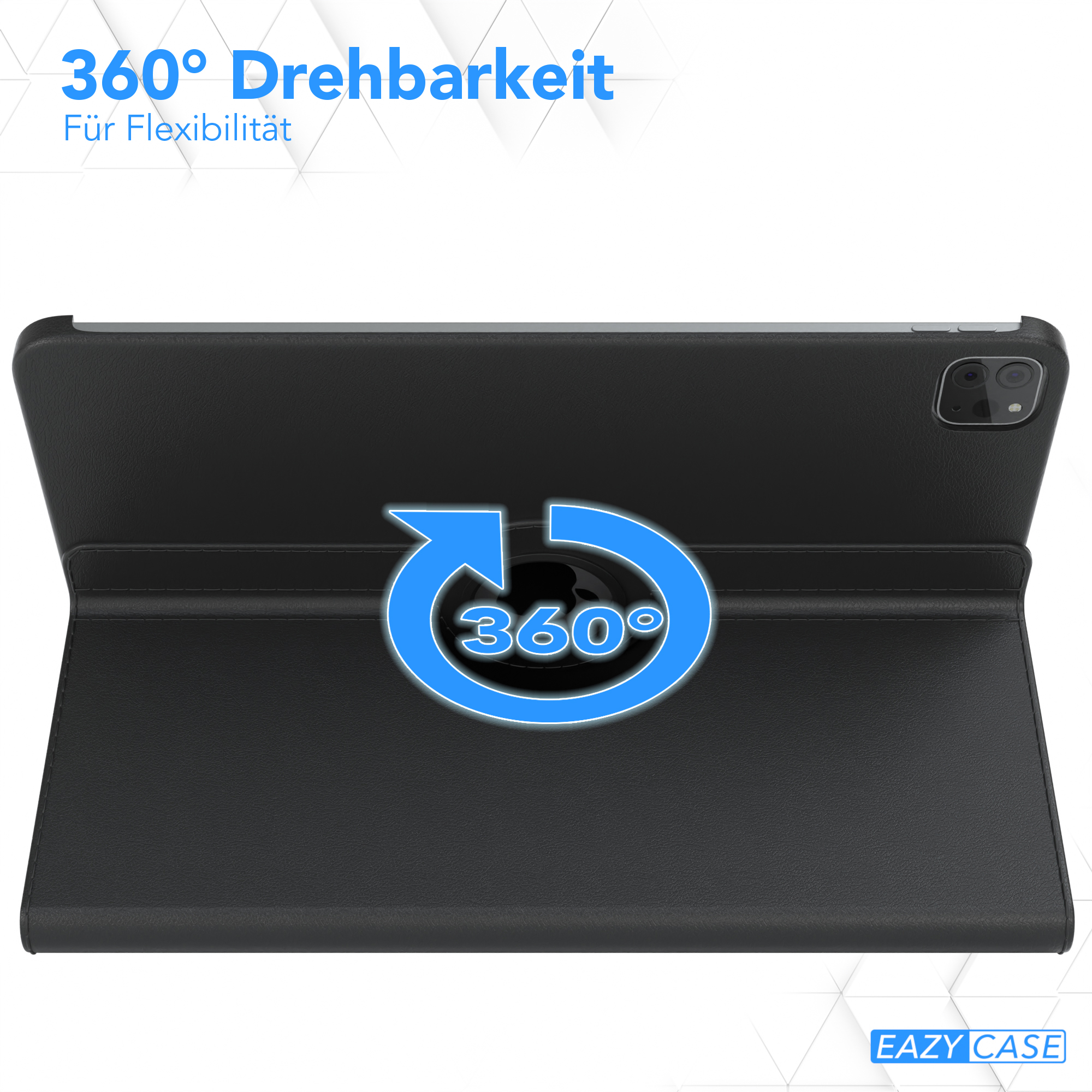 Schwarze Tablethülle mit 360°-Rotationssymbol.