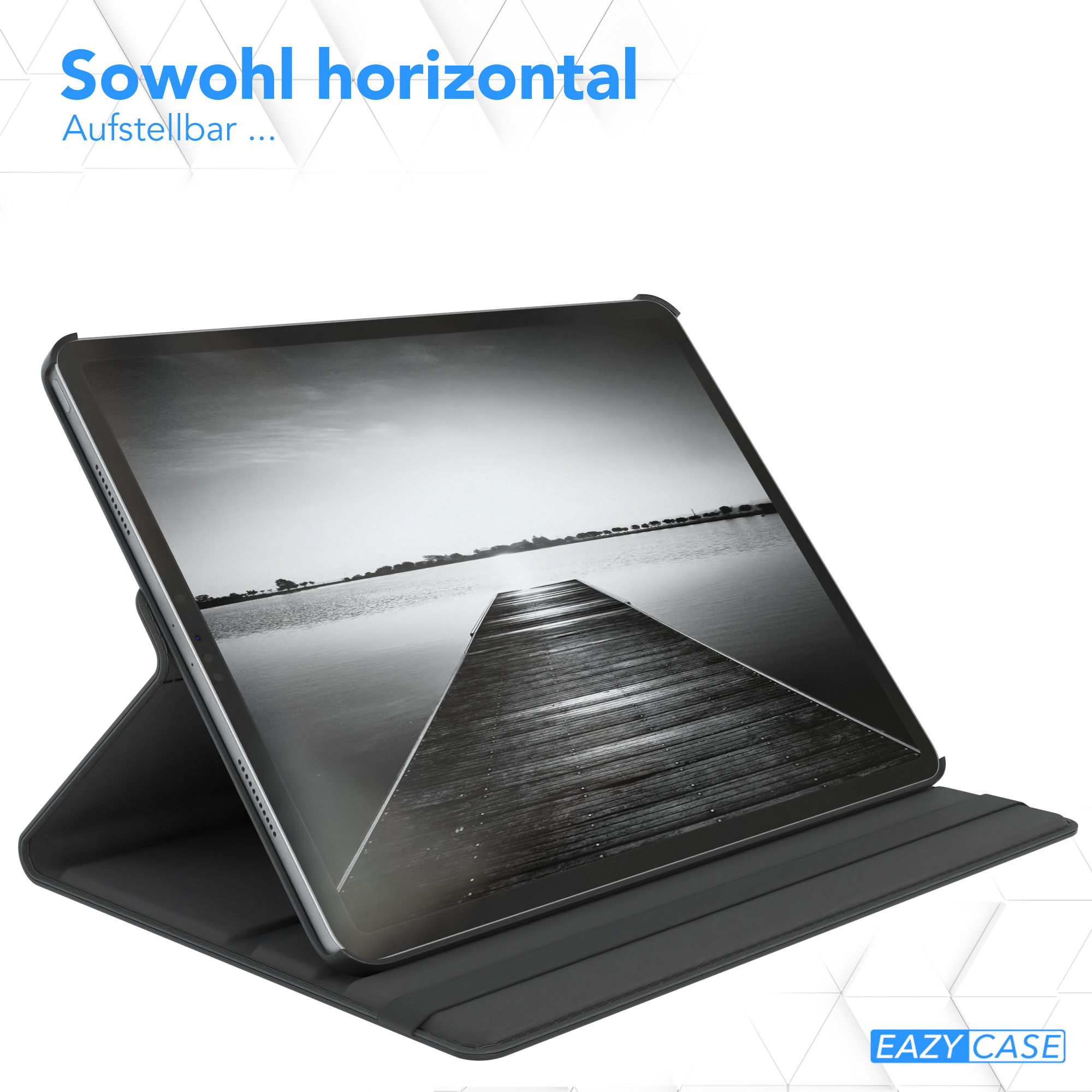 Ein Tablet in einer Hülle, horizontal positioniert. Die Hülle ist schwarz, und das Tablet zeigt ein Landschaftsbild.