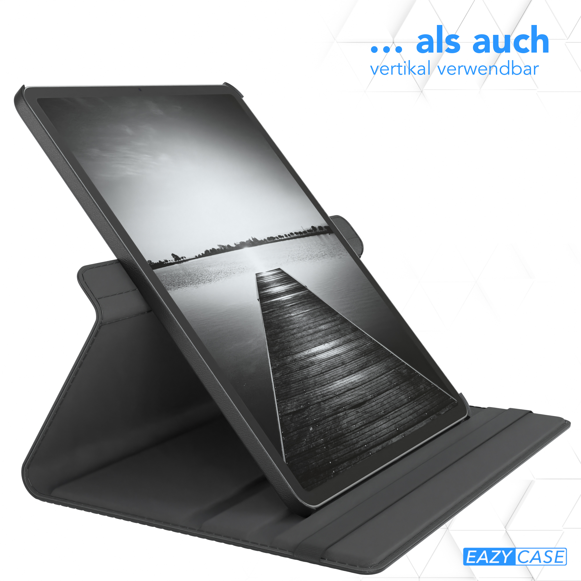 Schwarzes Tablet in einer Hülle, abgewinkelt, zeigt einen Steg über Wasser, weißer Hintergrund.