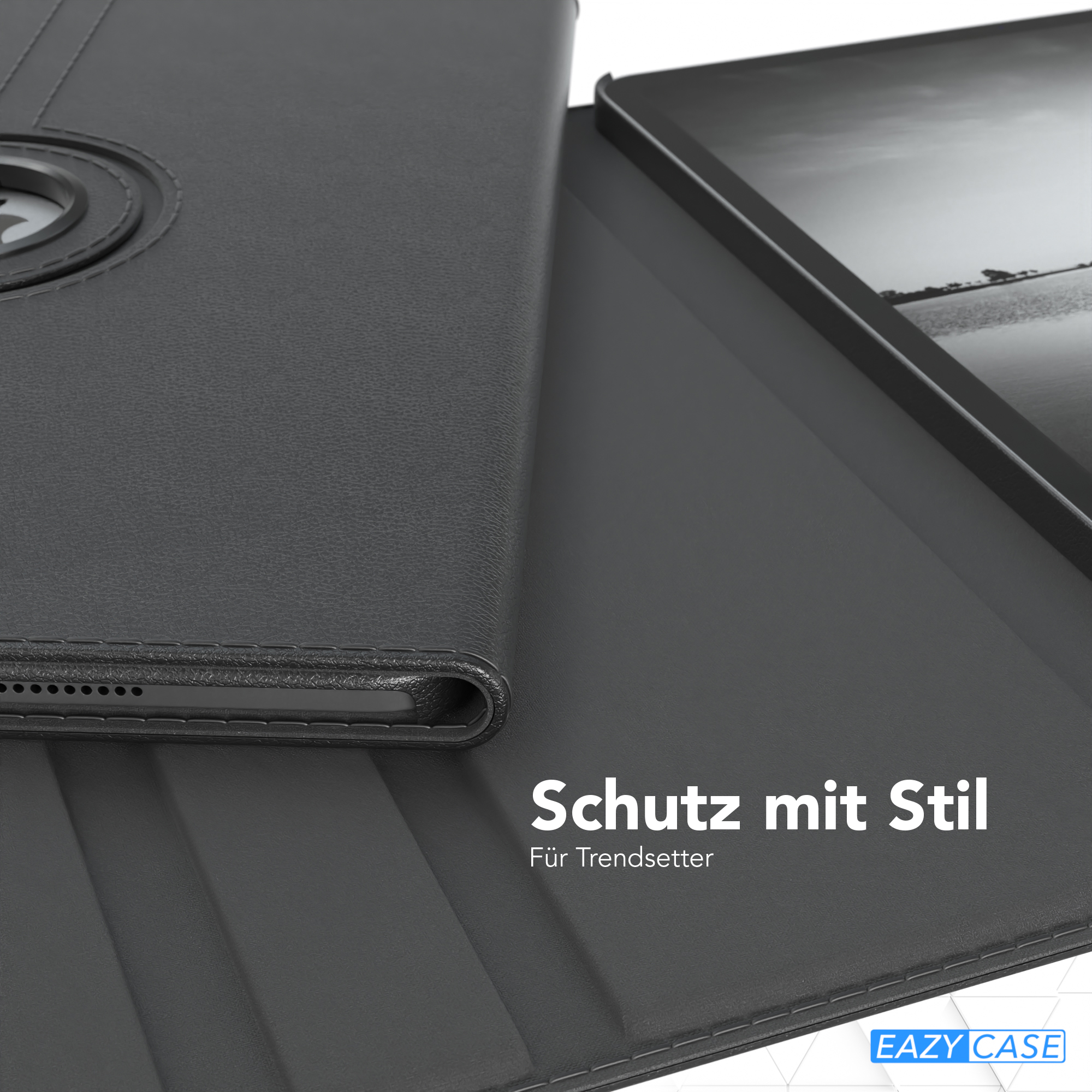 Schwarze Tablethülle mit Deckel. Die Hülle ist geöffnet und zeigt den Bildschirm des Tablets.