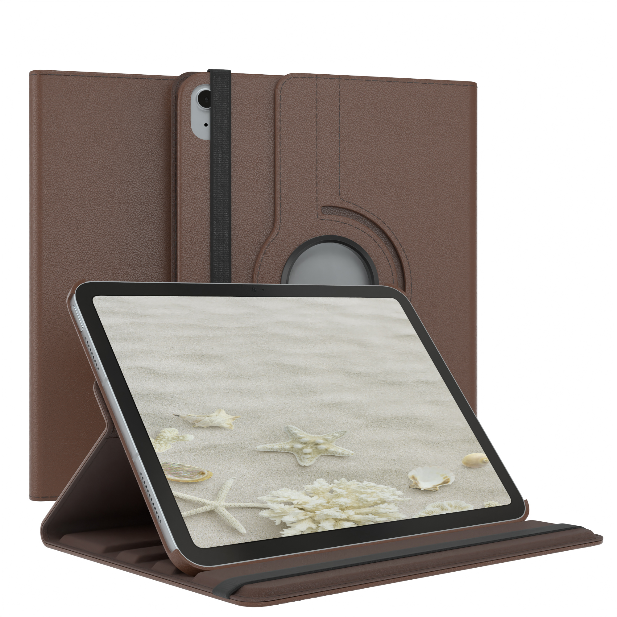 Braune Tablethülle mit Tablet, das eine Strandszene zeigt.