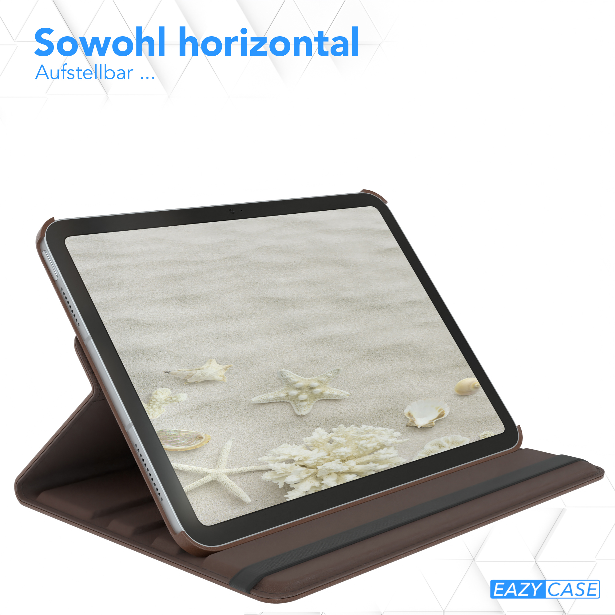 Ein Tablet mit Hülle, ausgestellt auf einem Ständer. Der Bildschirm zeigt eine Strandszene mit Sand und Muscheln.