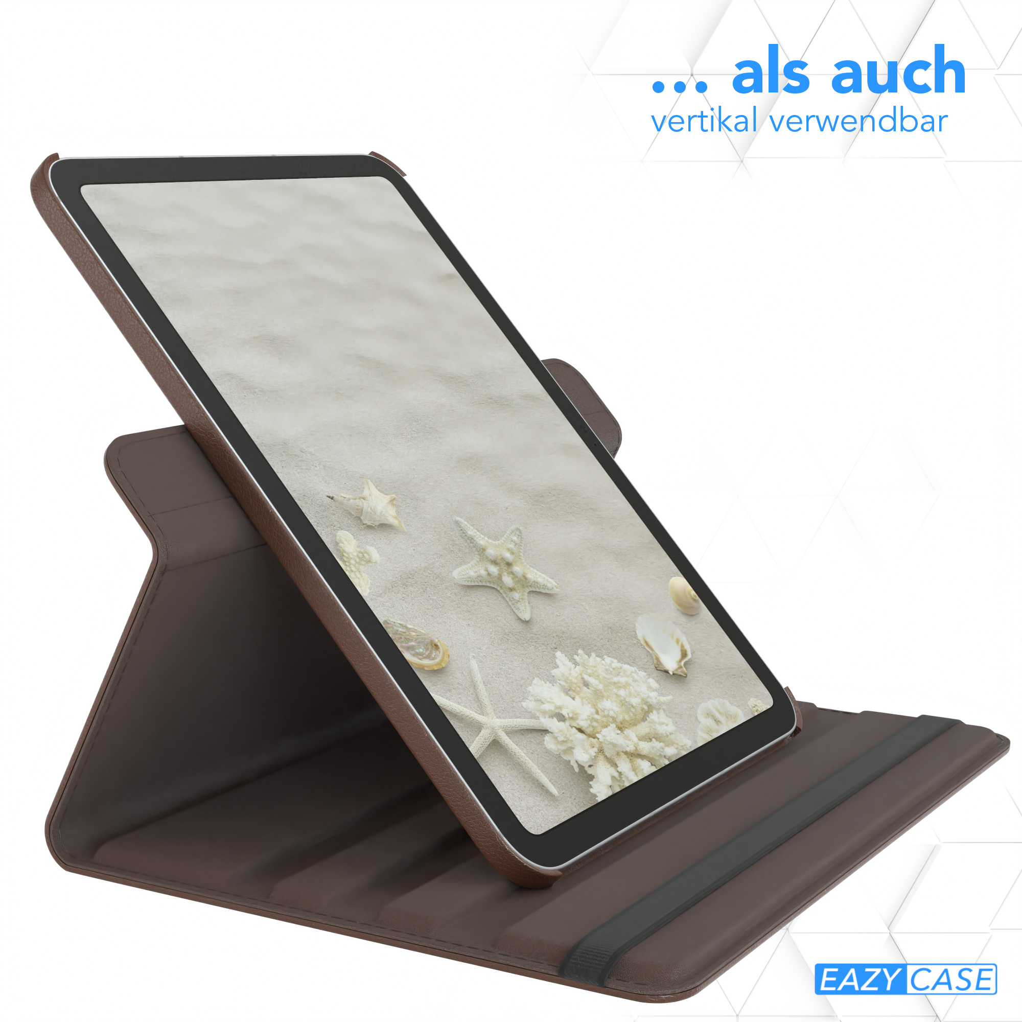Tablet in brauner Hülle, Strand mit Muscheln, Sand und Seesternen zeigend.